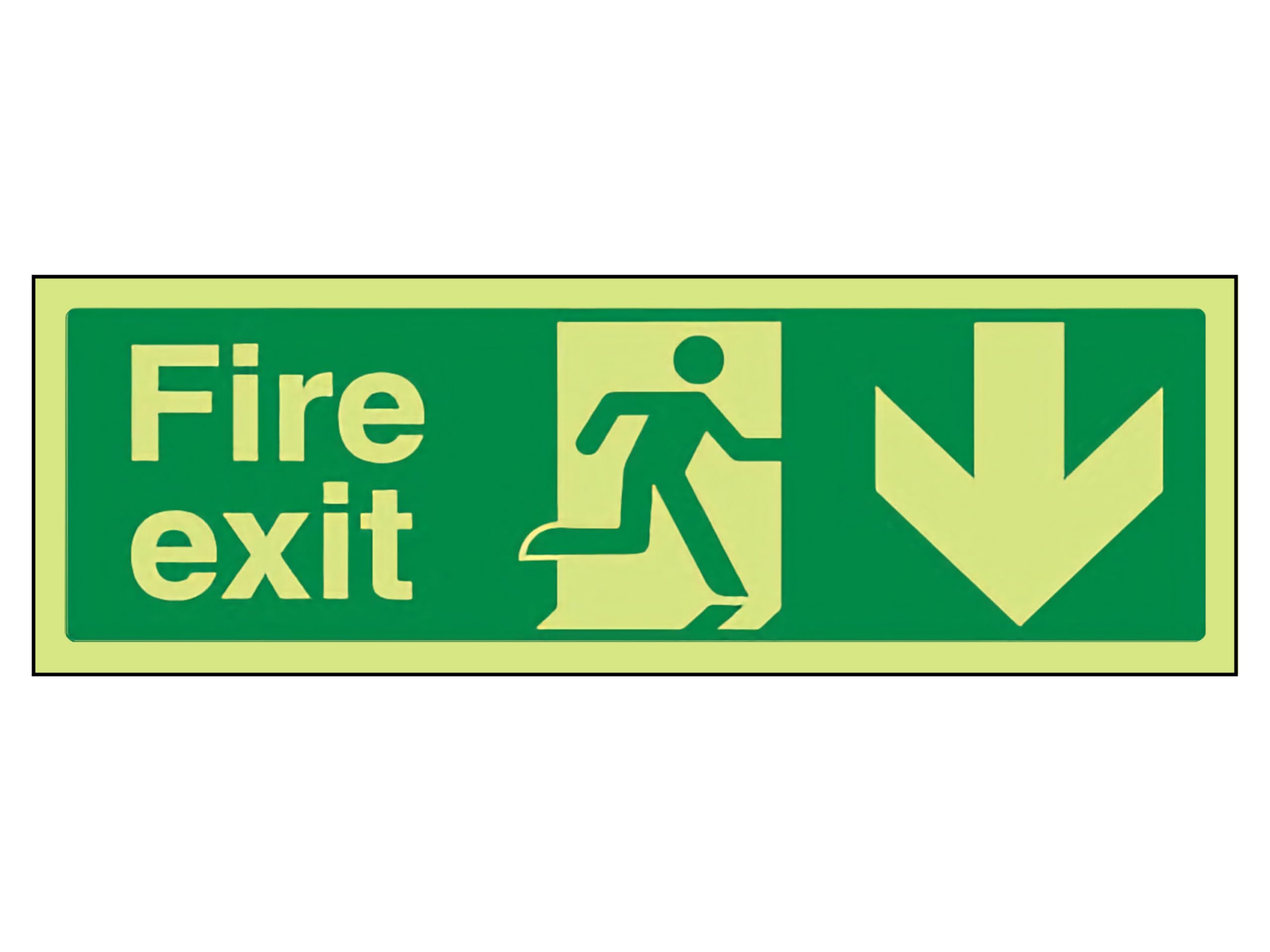 The Workplace Depot Fire Exit Down Glow in the Dark Safety Sign – Landscape 150 x 450 mm Photoluminescent PVC Sign, Running Man & Down Arrow – For Offices, Warehouses & Public Buildings