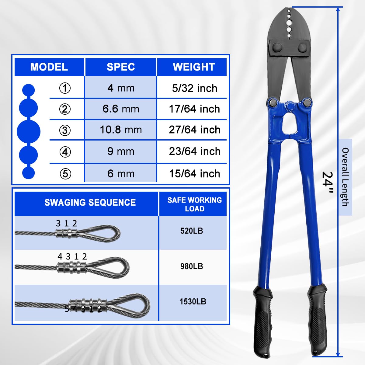 Alicates de crimpado de cuerda de alambre, crimpadora manual de 24 pulgadas, herramienta de estampado de 5 cavidades de 1/16 pulgadas, 3/32 pulgadas, 1/8 pulgadas, 5/32 pulgadas, 3/16 pulgadas,