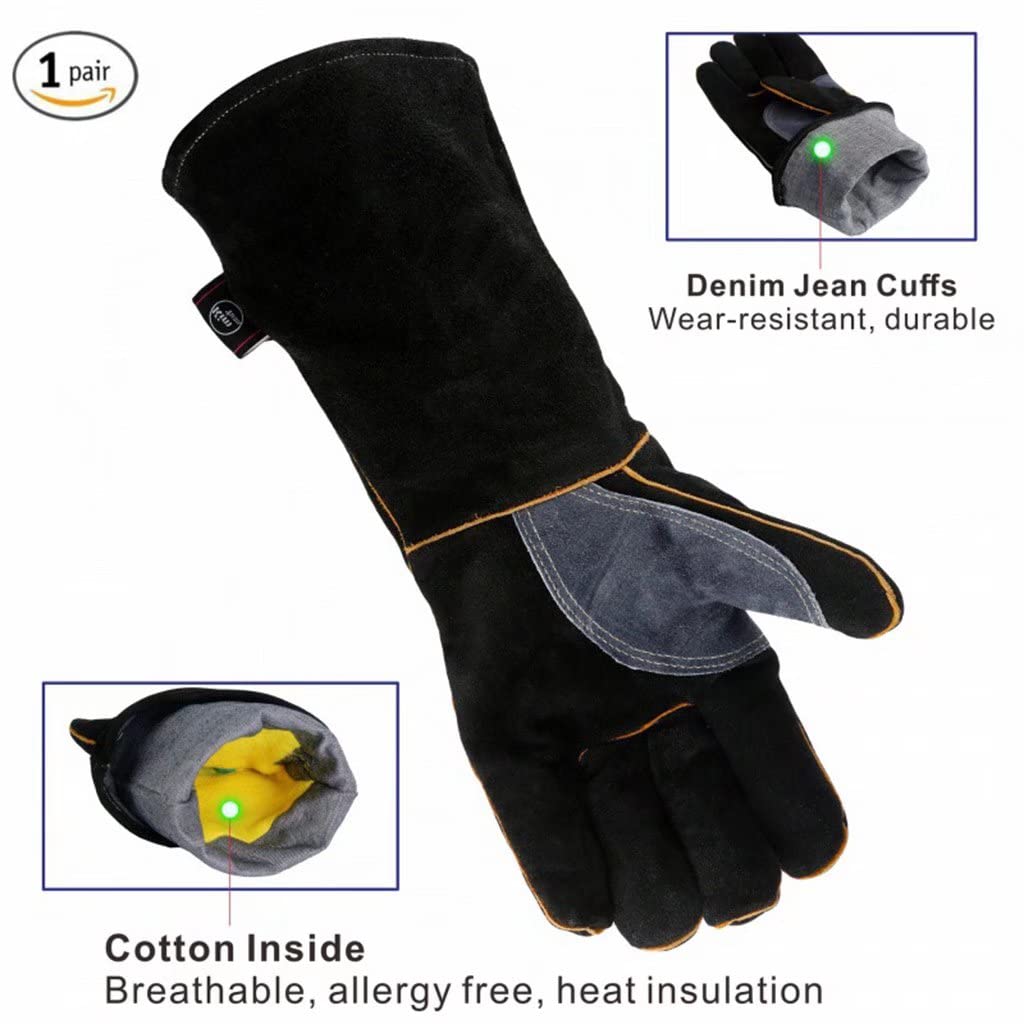 Guanti in Pelle Bovina, Guanti in Pelle per Calore Estremo e Fuoco con Cuciture, Guanti Ideali per fornelli, grigliate, Saldatura, grigliate, 14 "Fino a 932 ° F (1 Paio)