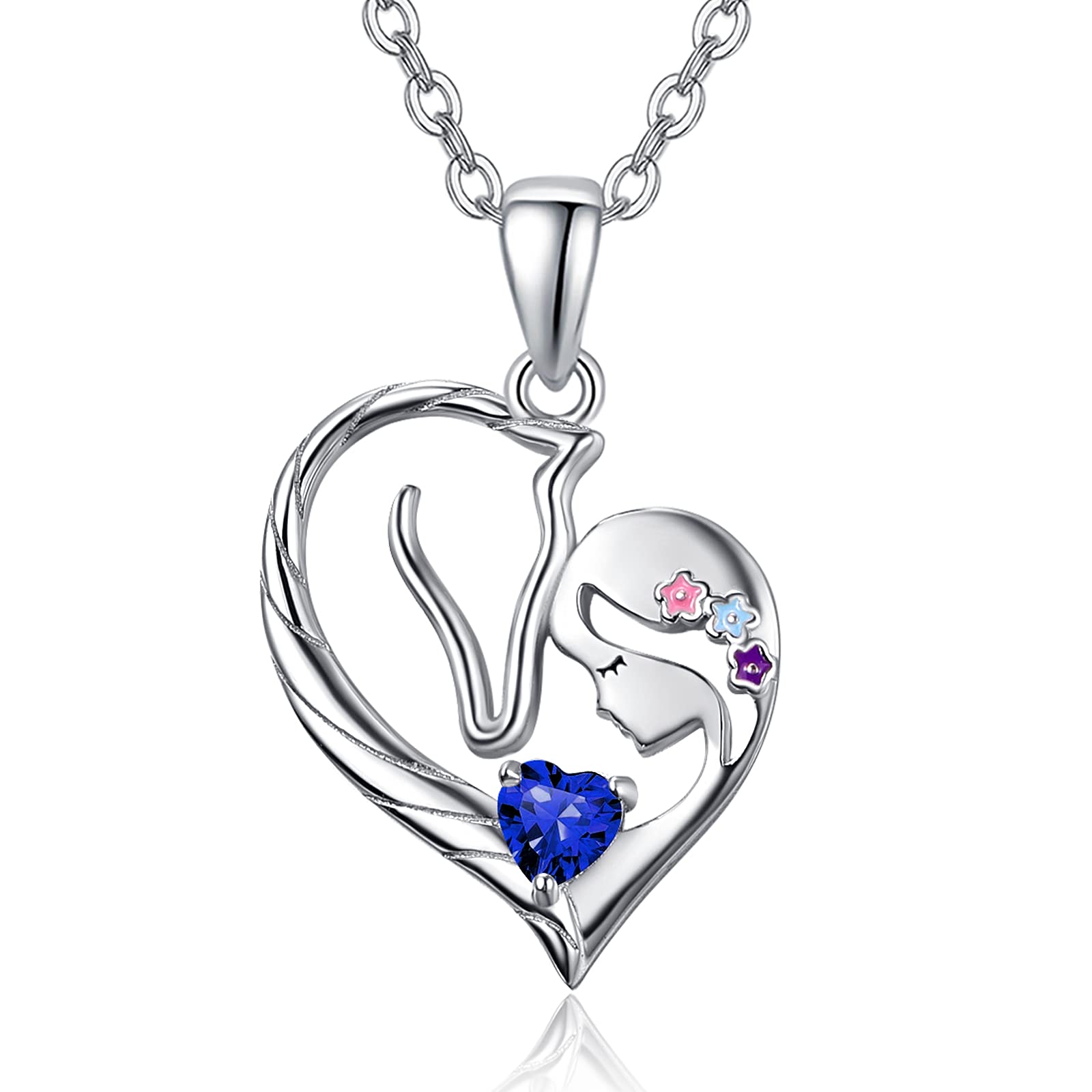 PRAYMOS Pferd Halskette Sterling Silber Herz Geburtsstein Kette Anhänger Pony Geschenk für Damen Frauen Mädchen Freund Pferdeliebhaber