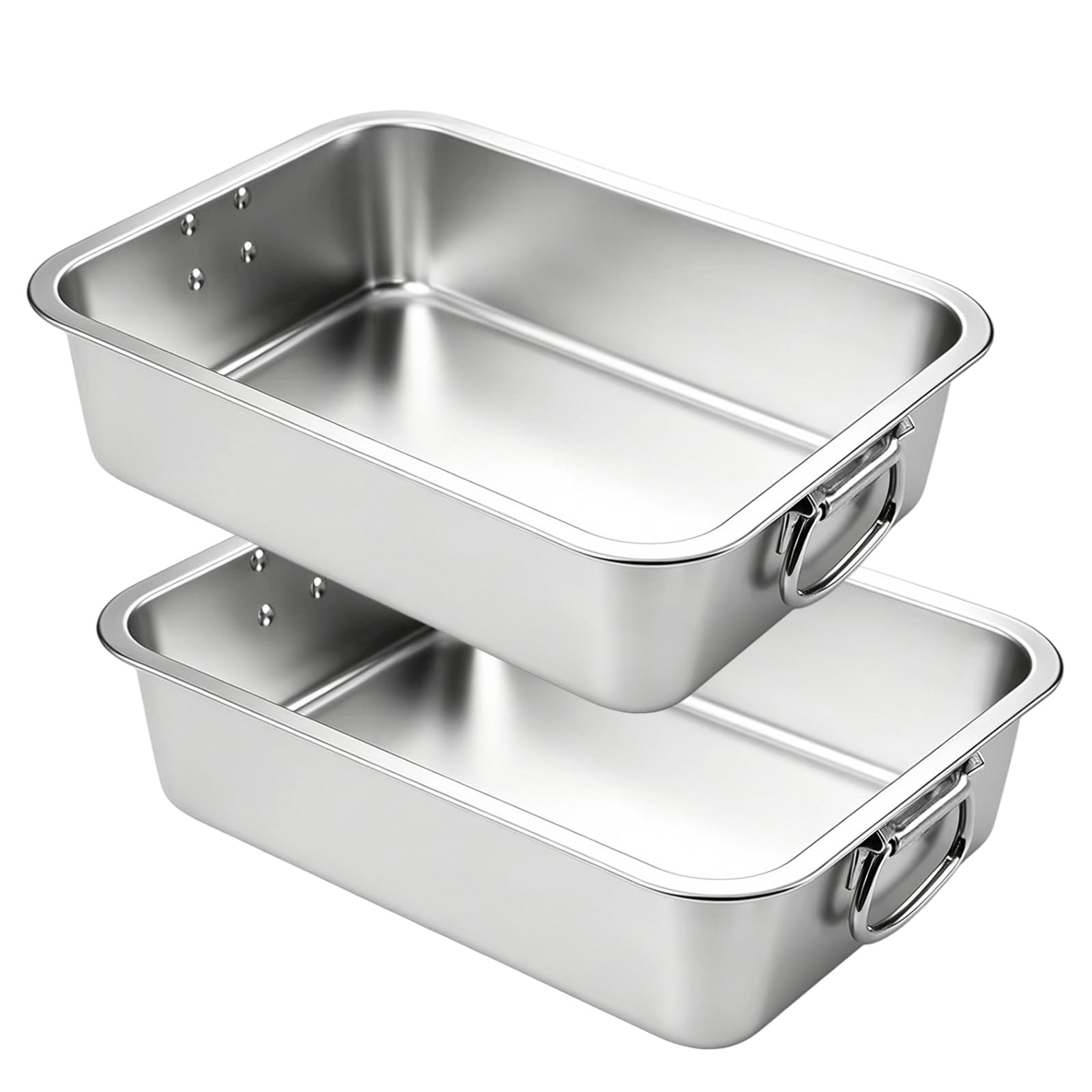 2 teglie da forno profonde in acciaio inox, 40 x 30 x 7 cm, rettangolare, con manici mobili, per cucinare carne, lasagne, tacchino