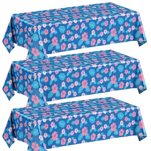 Image of Oudain 3 Sheets Hawaii Hibiscus and Tropical Leaves Tablecloth Birthday Party Decorations Blue Alien Cartoon Table Covers for Birthday Party Supplies