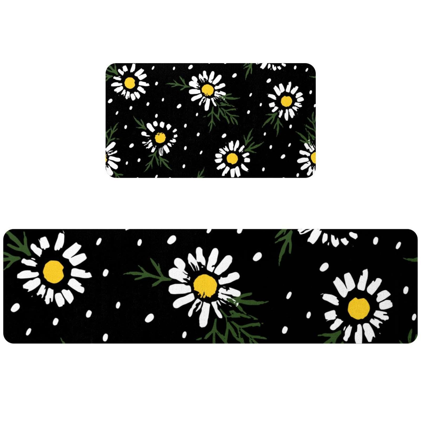 Alfombra de cocina absorbente y antideslizante con diseño floral negro de 2 piezas