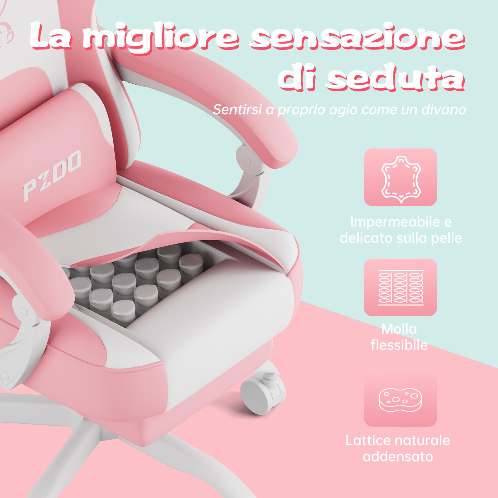 PZDO Sedia Gaming Rosa con Decorazione Rimovibile, Ergonomica Sedia da Ufficio Imbottita Kawaii Poltrona da Gaming PC con Poggiapiedi, Adolescente, Ragazza, Adulto, Regalo (Rosa-Bianco)