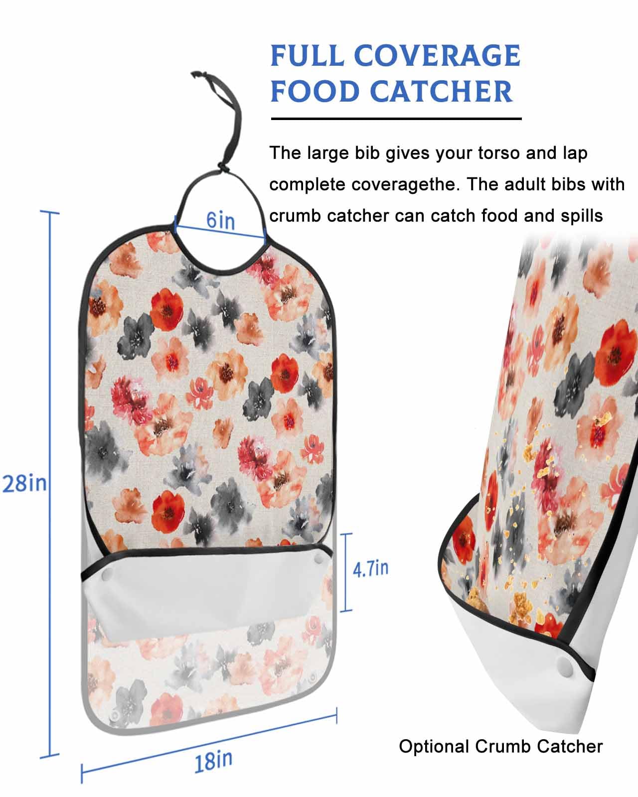 LEOKOTI Red Orange Black Spring Floral Adult Bibs for Eating, Waterproof Bibs with Food Catcher & Snap Closure, Watercolor Botanical Rustic Washable Clothing Protectors Adult Bibs for Elderly