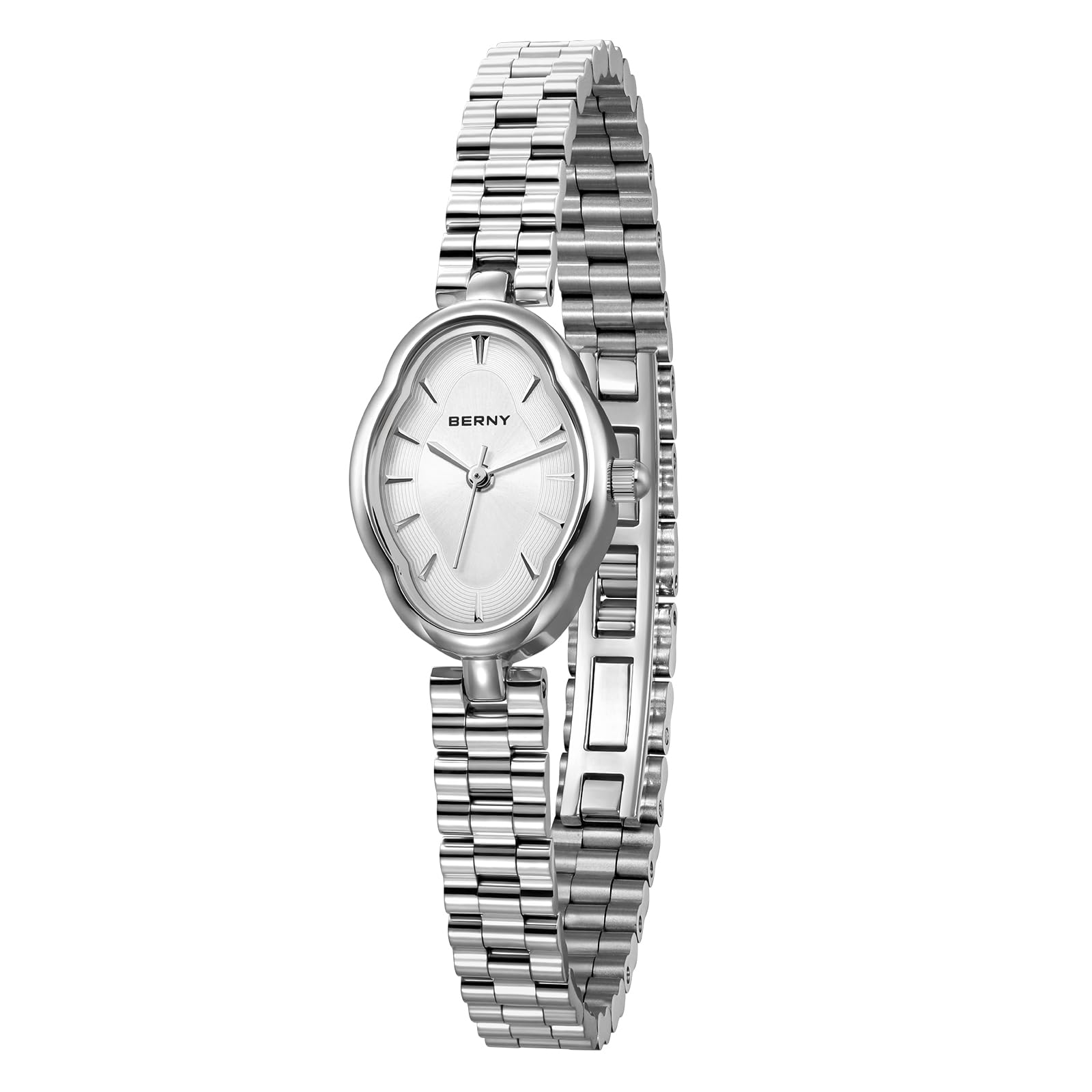 BERNY Silver Watches for Women Dainty Ladies Wristwatch Vintage Copper Mirrors Shape Japanese Quartz Movement 3ATM Waterproof All Stainless Steel Fashion Female Wrist Watch Birthday Gifts-White Dial