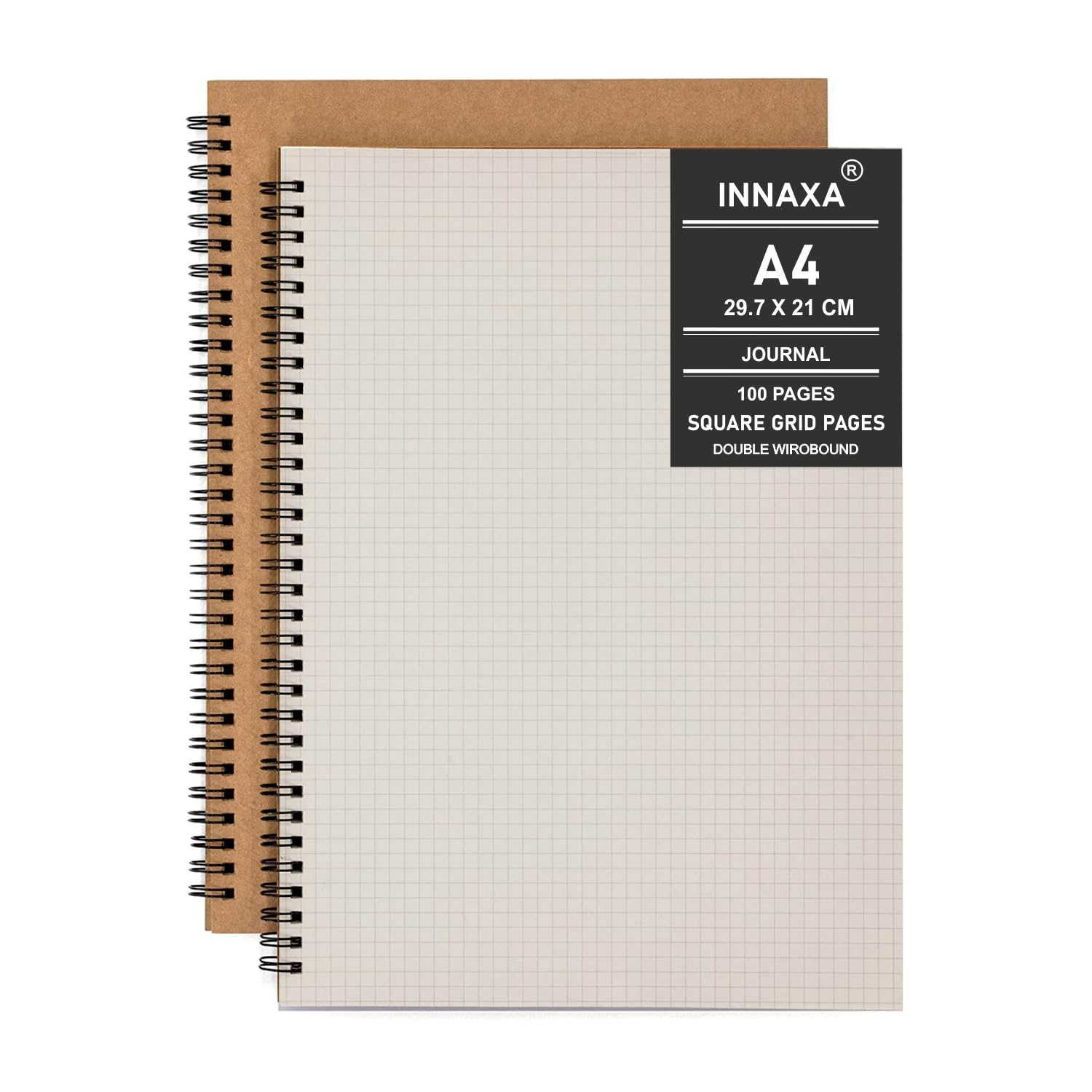 INNAXA 2 Pack A4 Square Grid Spiral Notebook, Kraft Cover Natural Shade Pages, Ruled Wirebound Notebooks Bulk Journals (Square Grid), 100 Pages