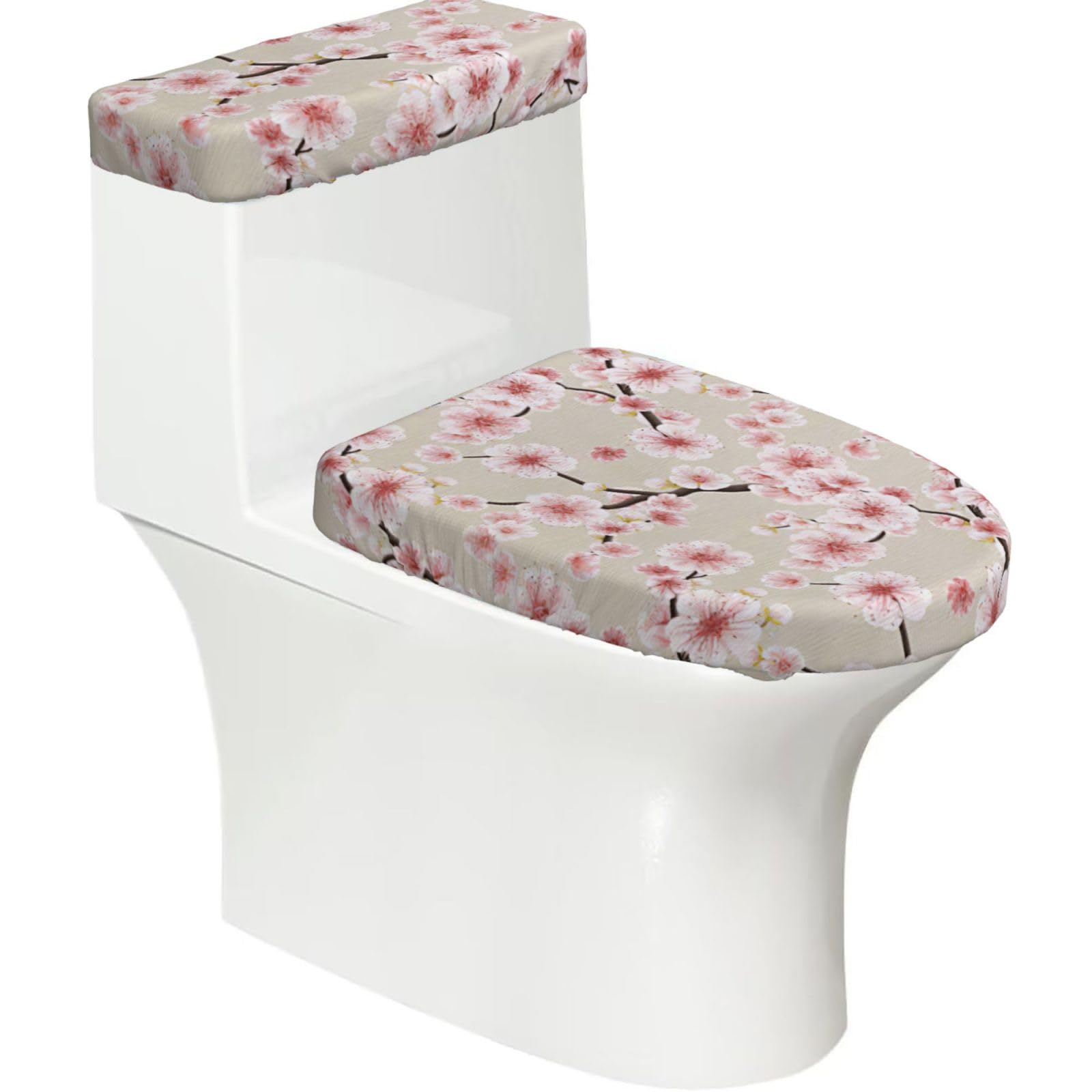 Pink Cherry Blossoms. Print Bathroom Decor Toilet Lid Cover And Tank Covers, Restroom Accessories Fits Most Round