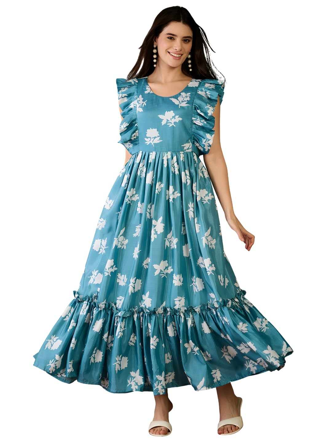 naixa Women's Silk Floral Printed Tiered Flared Maxi Dress | Short Sleeve | Round Neck | Casual | Western Gown Dress-picture-6