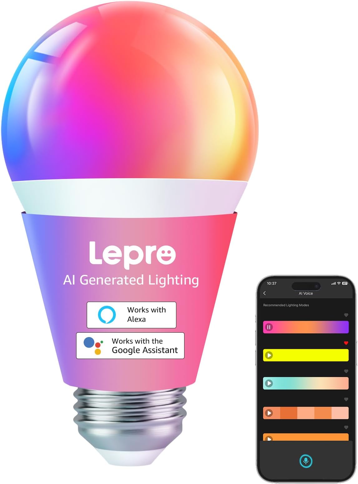 B1 AI Smart Bulb E27, 806LM 8.5W (Replace 60W), Work with Alexa & Google Assistant, RGBCCT, Music Sync Bluetooth & WiFi Bulb, Voice Control Smart Screw Bulb, Personalized AI Lighting Designer