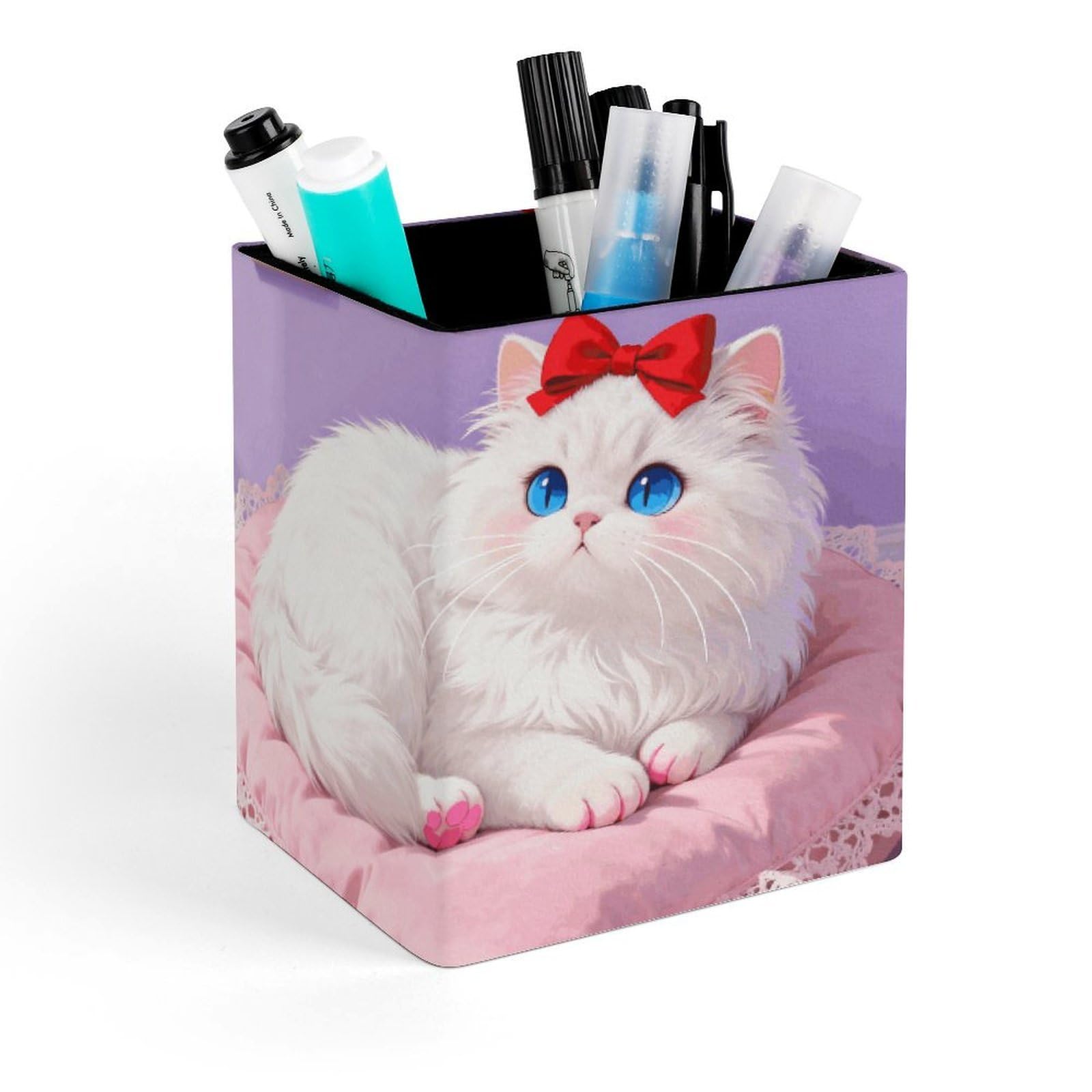DWVTSLH Aesthetic Pen Holder for Desk - Modern Leather Pencil Holder - Stylish Square Makeup Brush Holder - Blue-Eyed Cat Pen Cup Cute And Functional Desk Organizer for Office Supplies