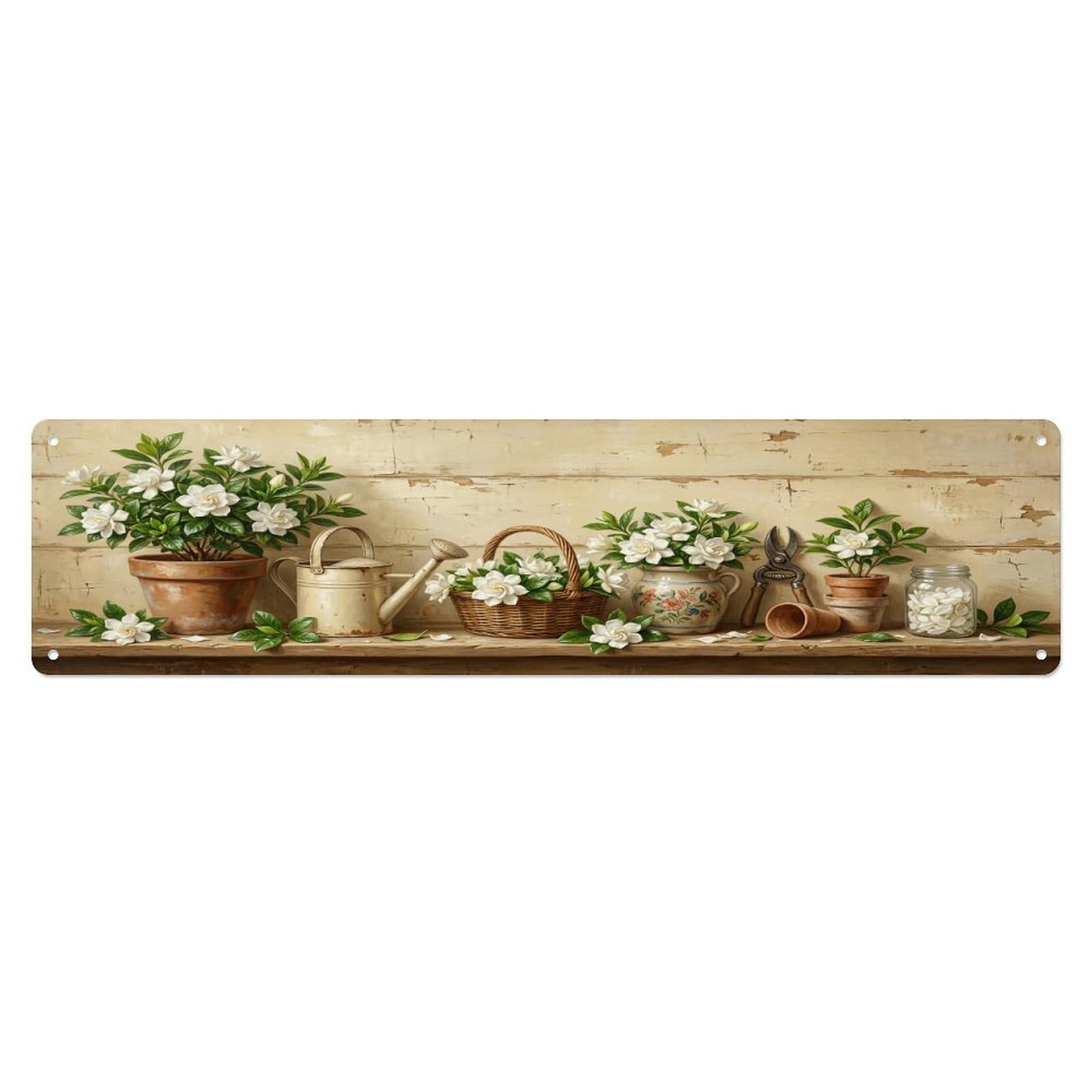 Floral Garden Tools Gardenia Pot Pattern Print Metal Tin Sign