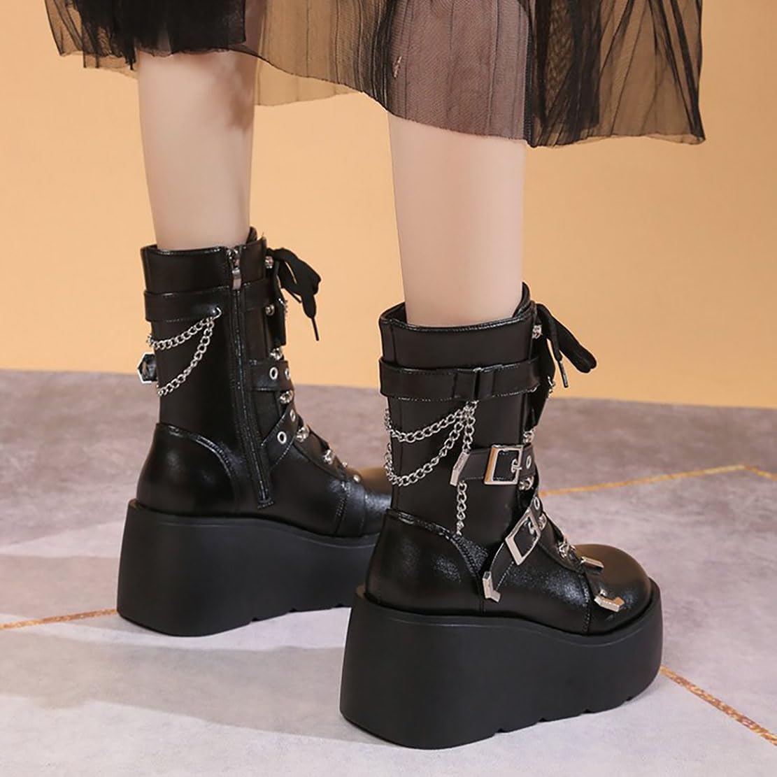 Ulalaza Women's Goth Platform Ankle Boots with Bat Wing Buckles Chunky Block Heels Round Toe Zipper Punk Motorcycle Combat Boots Comfy Short Gothic Booties
