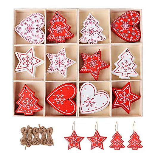 SERWOO Lot de 48 Noël Embellissements en Bois avec Trou Arbre de Noël + 2pcs Boîte de Rangement + 5pcs Cordes de Ficelle Ornement Accessoirs de Noël Decoration Noël Arbre Sapin (12 Modèles)