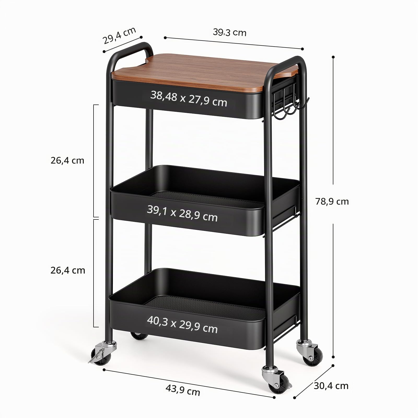 KINGRACK - Carrito de almacenamiento de 3 niveles de metal con ruedas y superficie de trabajo de madera extraíble, mesa con cubierta, carrito para belleza, libros, manualidades, té y arte para el