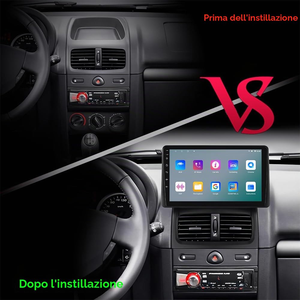Autoradio Android 14 da 9 pollici per Renault Clio 2 2000-2012 Memoria, supporta Carplay/Android Auto wireless, comandi al volante, WLAN/4G, AM/FM 4 core 2 GB & 64 GB