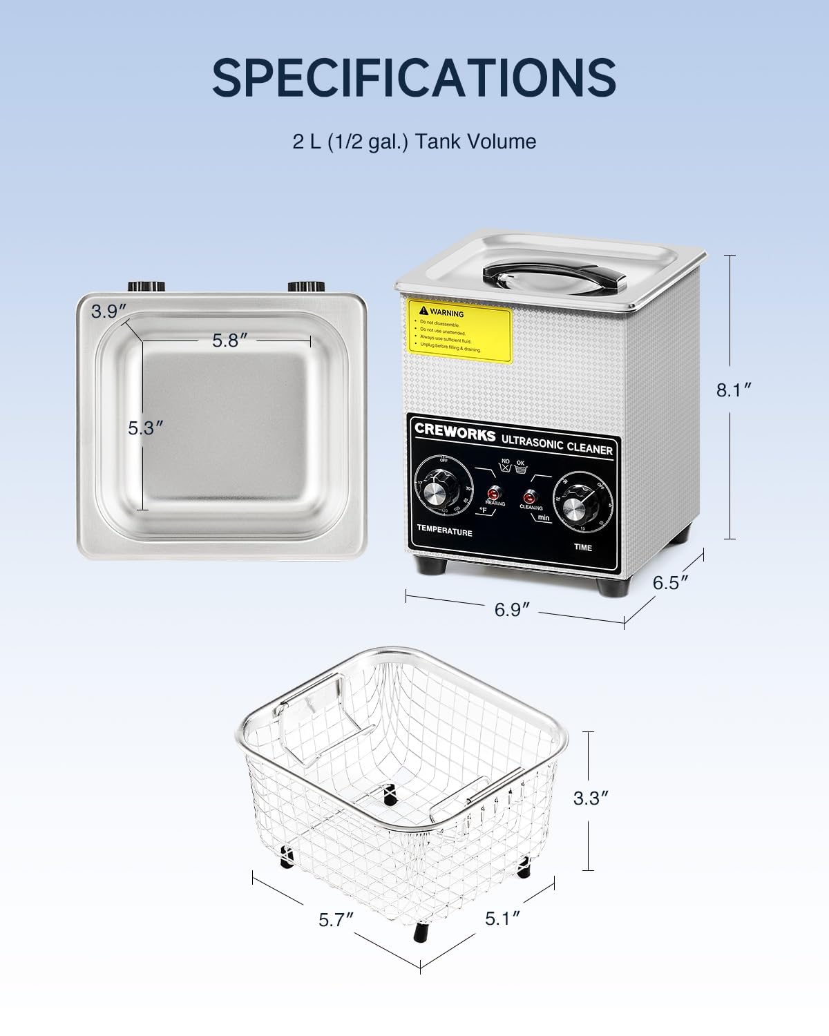 Diagram showing dimensions of the 2L ultrasonic cleaner and its basket