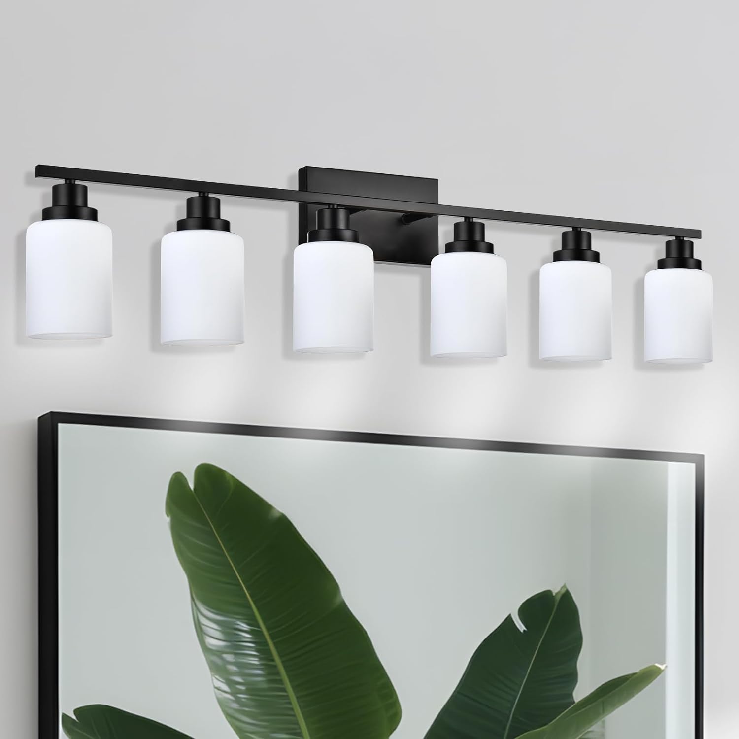 Vanity Lights,Bathroom Lighting Fixtures Over Mirror,6-Light Bathroom Light Fixtures Matte Black,Modern Wall Lamp Bathroom Light with Milky White Glass for Bedroom Sink Vanity Cabinet Black 6-Light(Milky Shade)