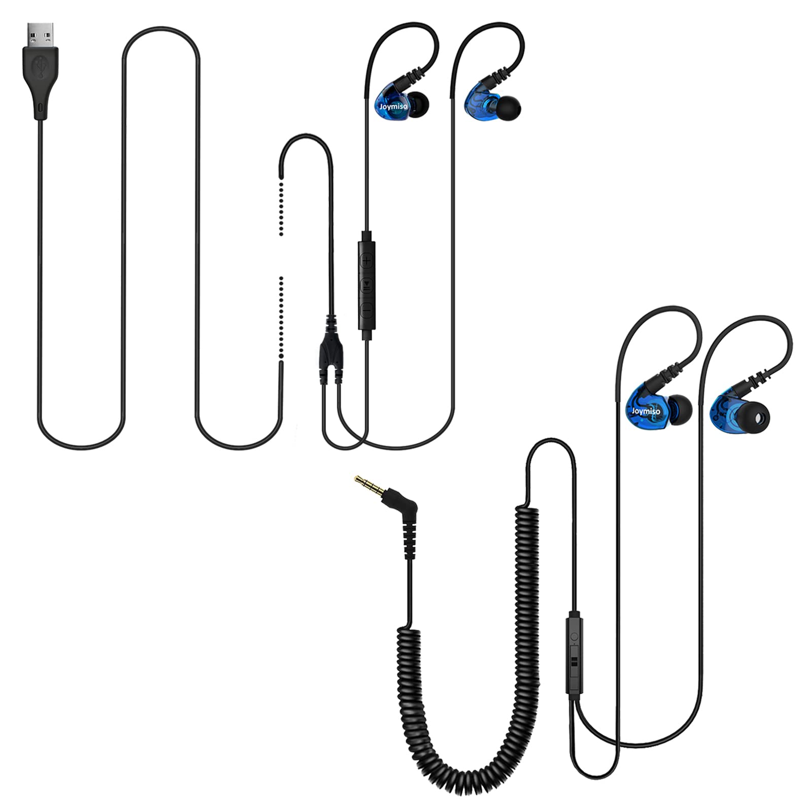 MOXKING Joymiso 3.5mm 12Ft Long Cord Earbuds and 6.5Ft USB Earbuds Bundle, Built with Microphone and Volume Control, Wrap Around Ear Stay Put Design, Lightweight Comfortable for Longtime Wearing
