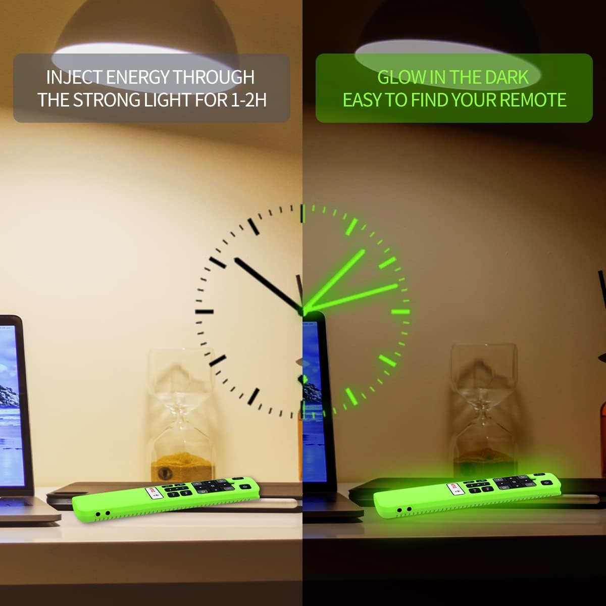 [2 Pack] WQNIDE Case for TCL RC802V FMR1 FNR1 Smart Voice Remote Control, Silicone Protective Cover Shockproof Anti Slip Anti-Lost Glowing(Black and Glowgreen)