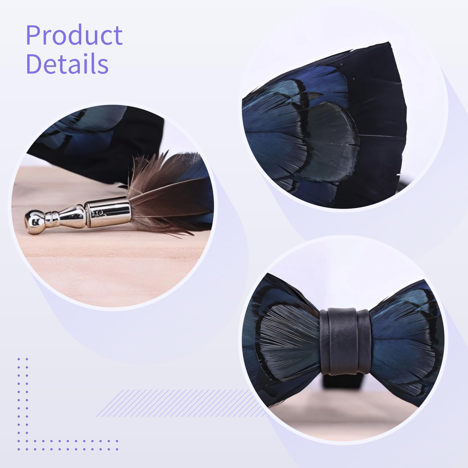 Juego de pajarita de plumas azules hechas a mano con pin de solapa, plumas de faisán para bodas y eventos formales, para novios y padrinos de boda, incluye caja de regalo de madera, Pluma, Sin gemas.
