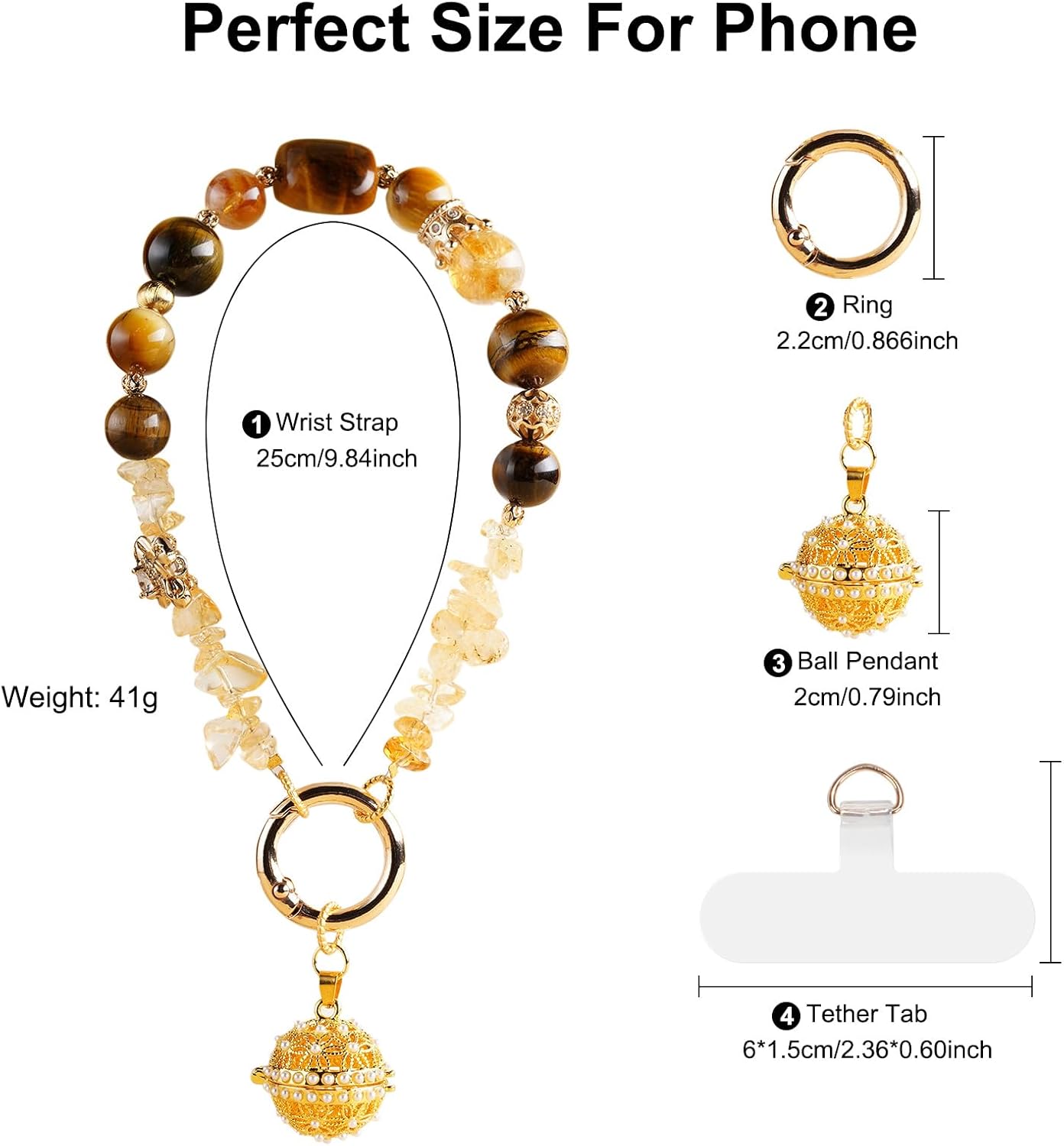 TEAMOLA Natural Stone Phone Charm, Handmade Crystal Cellphone Chain for Universal, Beaded Healing Anti Theft Phone Wrist Strap with Tether Tab, Citrine & Tiger's Eye & Aromatic Ball Pendant