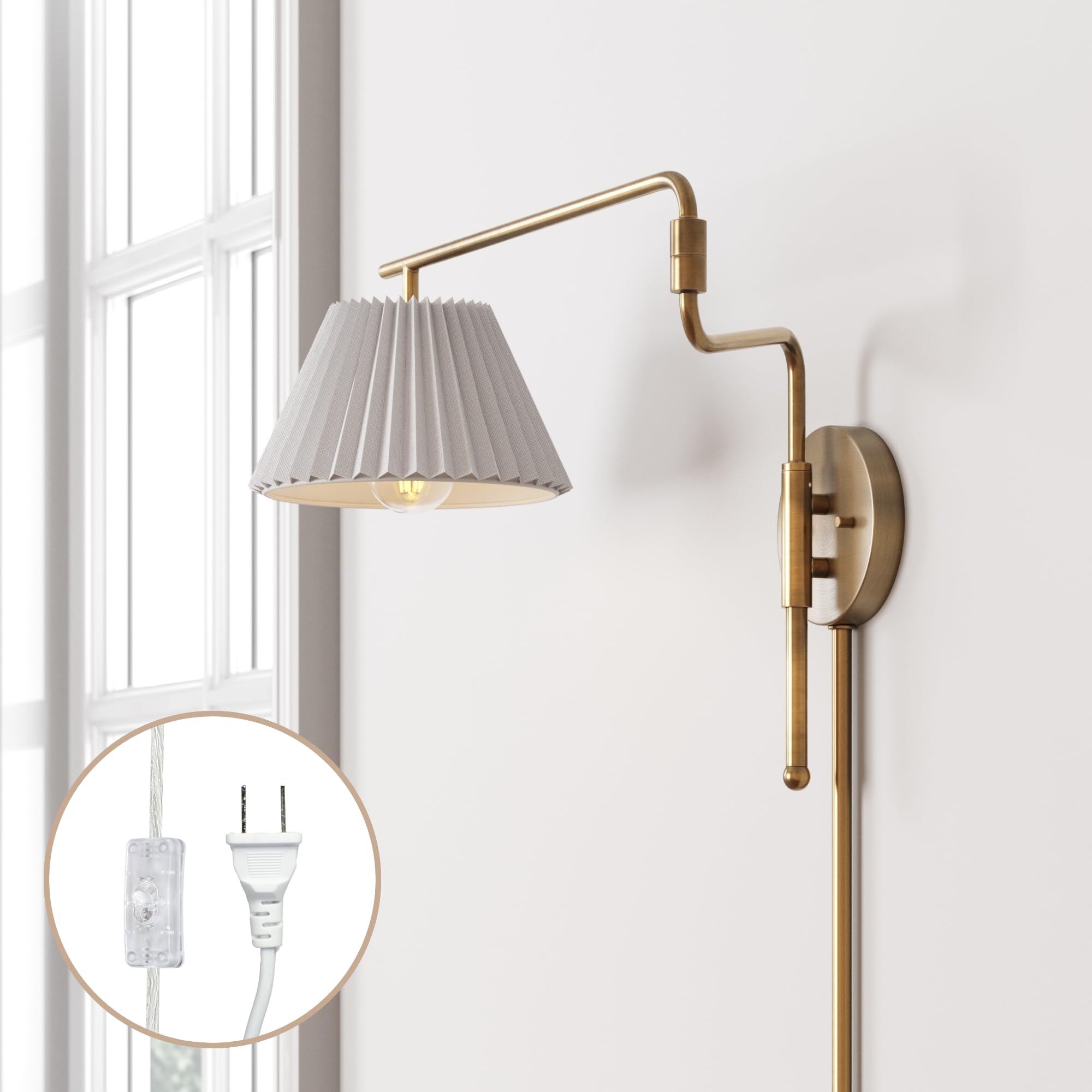 Nathan James Kai Modern Wall Mounted Plugin Bedside Reading Lamp with Pleated Shade, for Bedroom, Vintaged Brass Finish