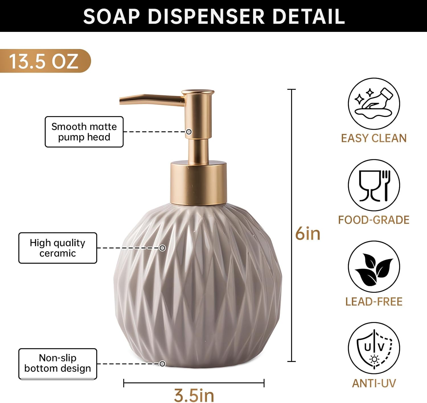 Ceramics Gold Soap Dispenser for Bathroom, Relief Soap Dispenser for Kitchen Sink, 400ml/13.5Oz Refillable Liquid Hand Soap Bottle with Gold Pump (Khaki). - Image 6