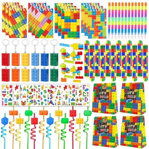 Bluegogo 104Pcs Building Block Birthday Party Favors for Kids Include Mini Notebook Pens Straws Keychains Erasers Wristbands Stickers Bags for Building Blocks Birthday Party Supplies