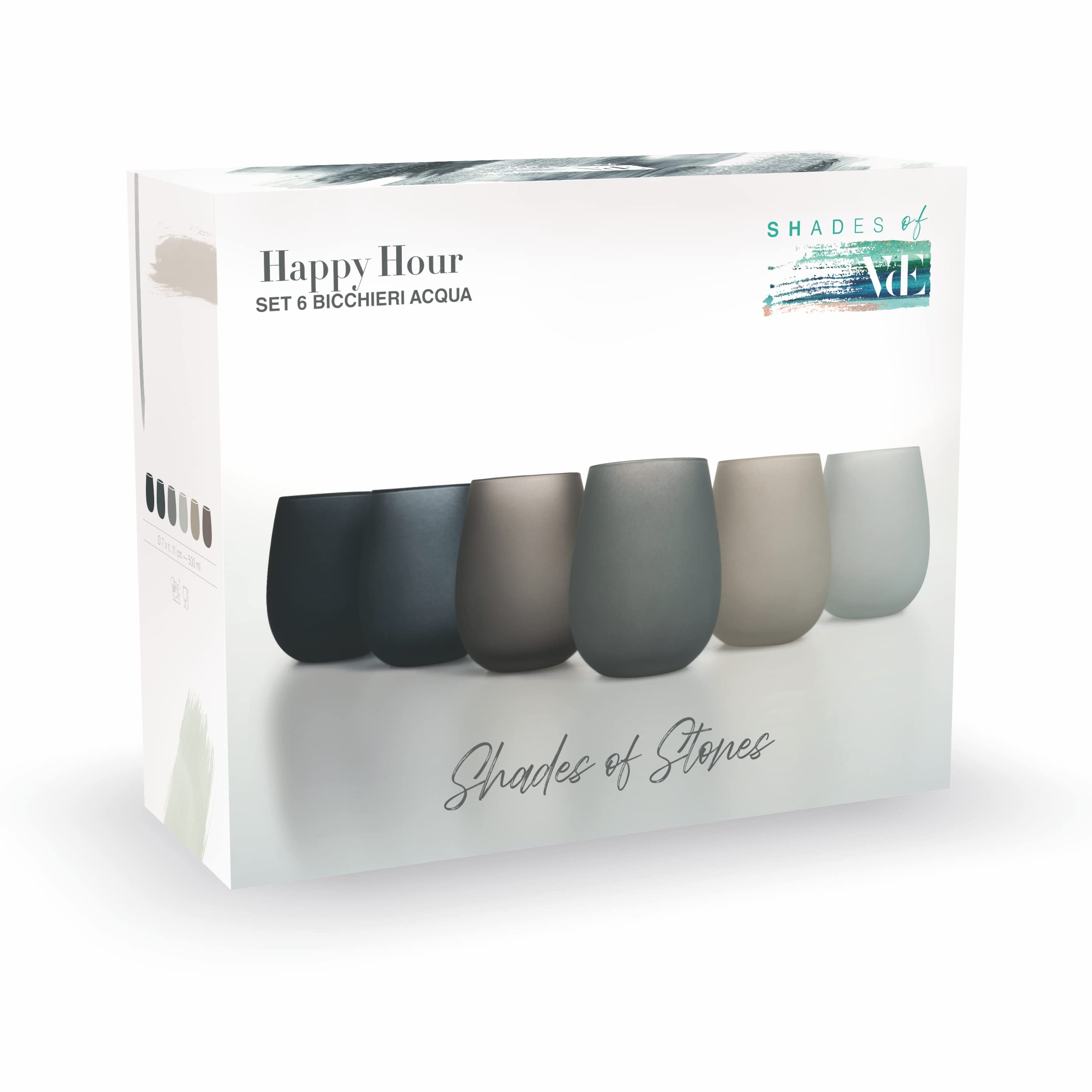 Villa d'Este Home Tivoli 5911527, Happy Hour Stones Zestaw 6 szklanek do wody frosted szkło 500 ml