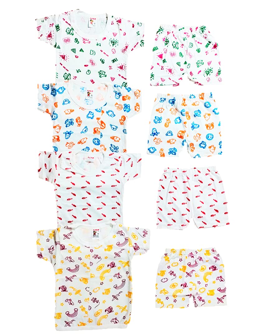 Jimmy JammyNew Born Baby Boys & Girls Clothes Dress 100% Pure Cotton Unisex Half Sleeves T-shirt and Shorts Pack of 4 T-shirt + 4 Shorts | Size 0 Months Up to 2 Years