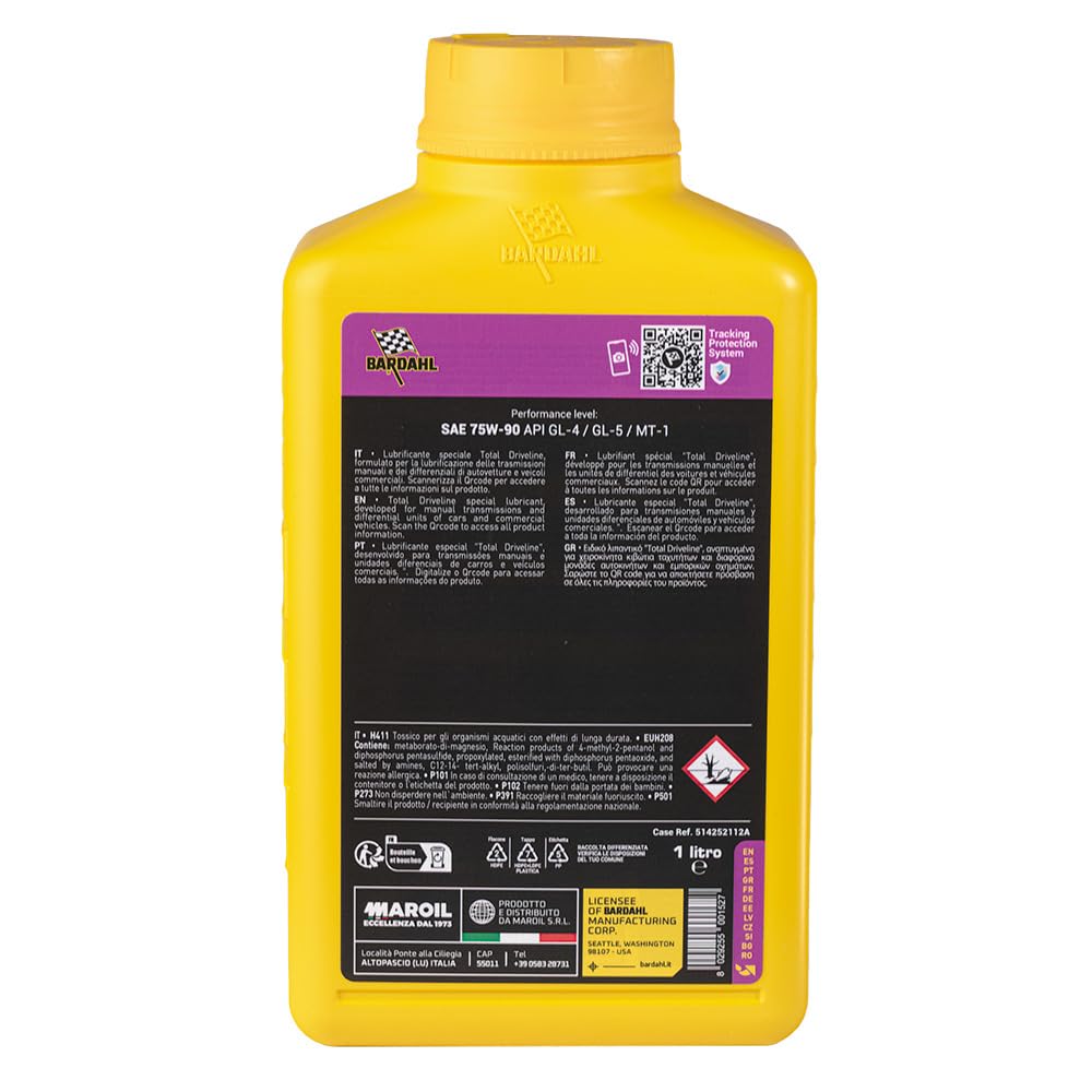 Bardahl - T&D Synth 75W-90 - Olio Trasmissione Auto, Lubrificante per Trasmissione e Differenziale di Automobili, Veicoli industriali e Commerciali per Trasporto Pesante, 1 L