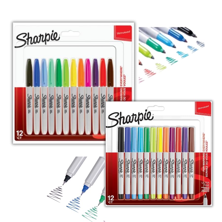 Sharpie Marcadores permanentes, punta fina para detalles llamativos y punta ultrafina, colores surtidos, 12 + 12 unidades