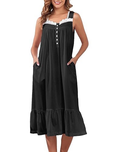 Viakeo Cotton Nightgowns For Women Long House Dress Soft Sleepshirts With Pockets S-3XL - Large - Classic Black