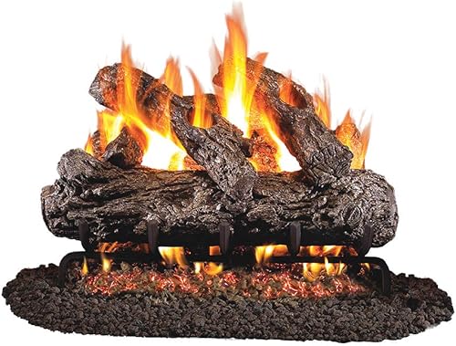 Peterson Real Fyre Juego de troncos de roble rústico de 24 pulgadas con ventilación G45 doble quemador de llama - Luz a juego (gas natural)