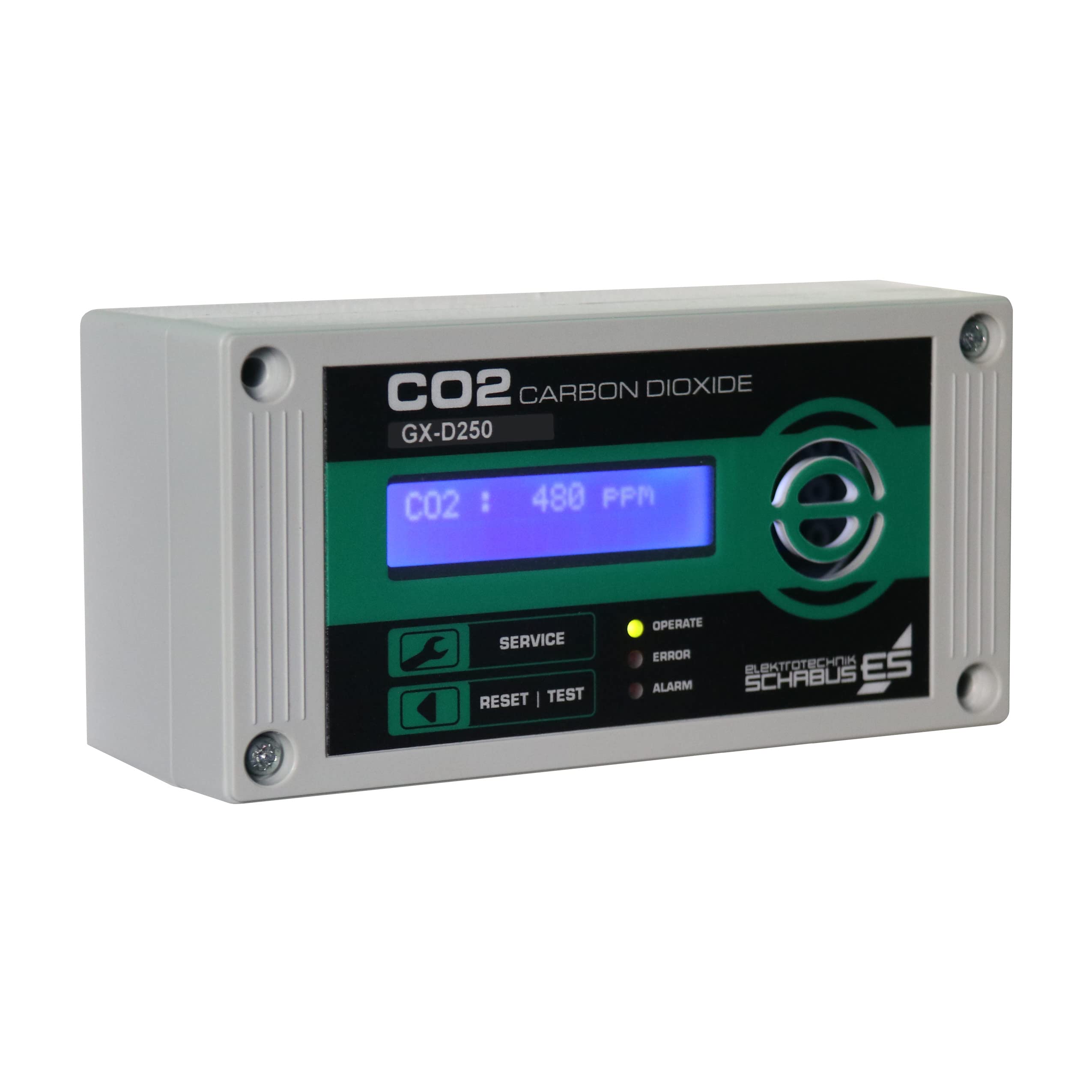 Schabus 300253 GX-D250 CO₂ Warngerät mit Externem NDIR-Sensor, 2 Relaisausgänge, Akustische & Optische Warnung, Klartext-Display für Schulen/Büros/Innenräume für EIN Gesundes Raumklima