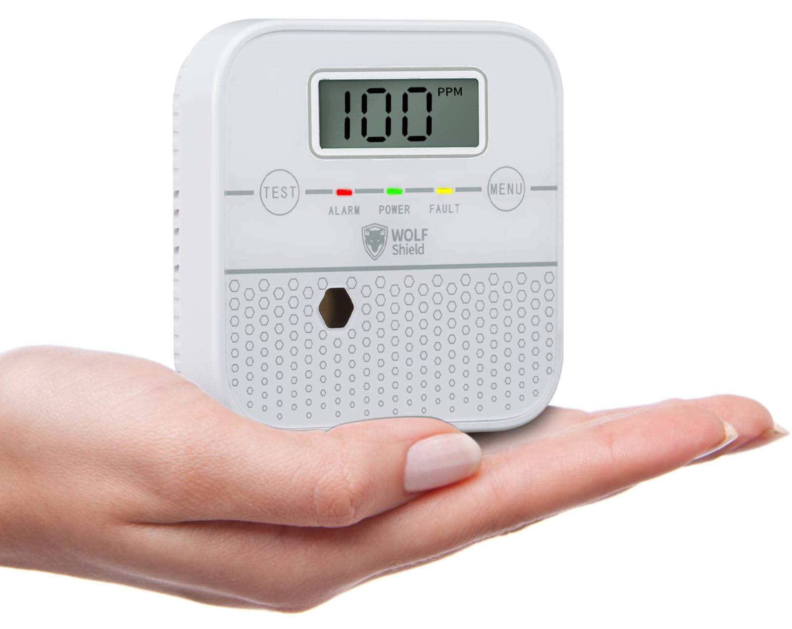 Wolf Shield White With Display Carbon Monoxide Alarm Co Detector Battery Sealed 10 Year Life Portable Mini Carbon Monoxide Monitor With Display Test Silence Button For Home,Campervan And More