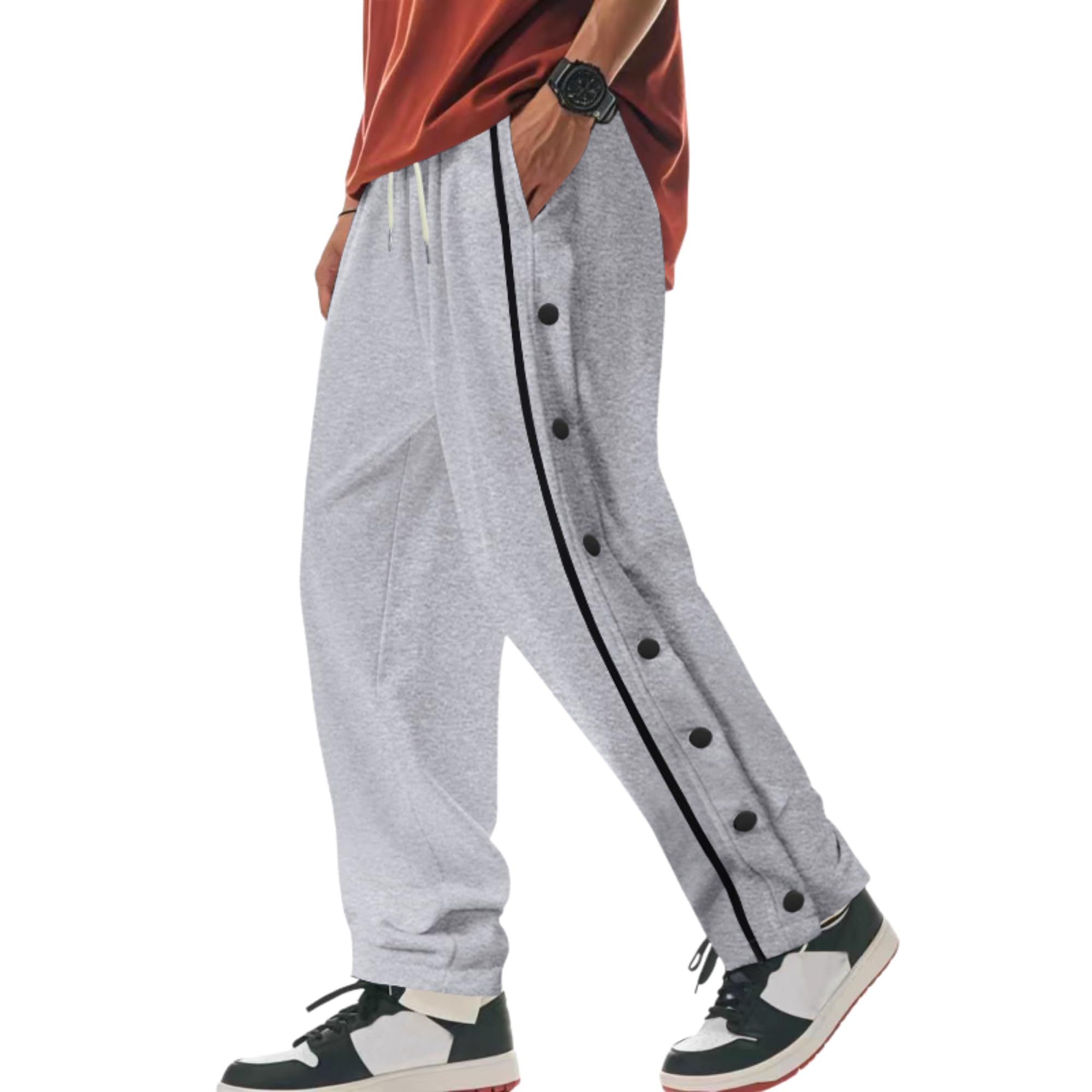 Mens Casual Sweatpant Button Design Drawstring Waist Pant Fashion Loose Solid Color Trousers Comfy Street Clothing