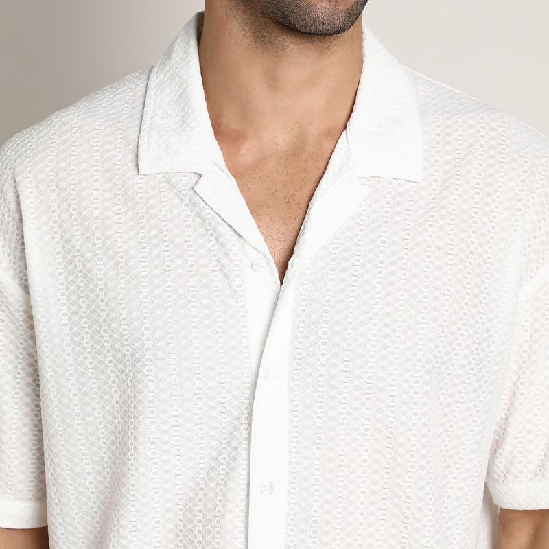 Image of CAHOOT Men's Oversized Shirt for Casual Wear | Cuban Collar | Short Regular Sleeves | Button Closure | Oversized Shirt Crafted with Comfort Fit for Everyday Wear