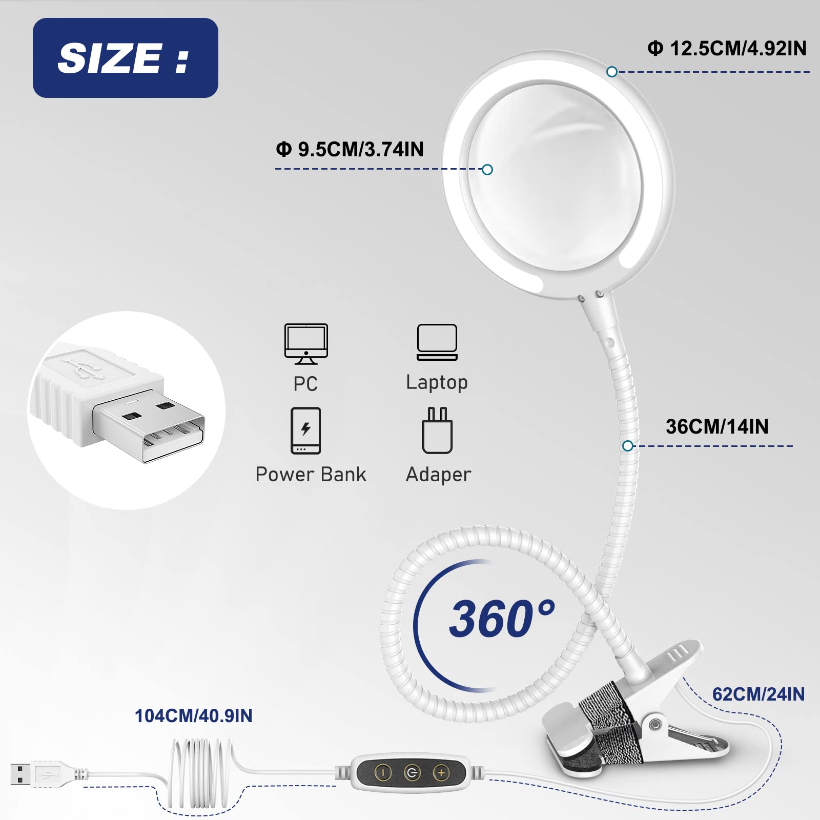Lampe loupe 3X avec Pince USB, Lampe loupe à Pince à lumière du Jour avec 6 réglages d'éclairage réglables, loupe avec lumière LED pour Lire Les travaux manuels, Les Loisirs de Couture