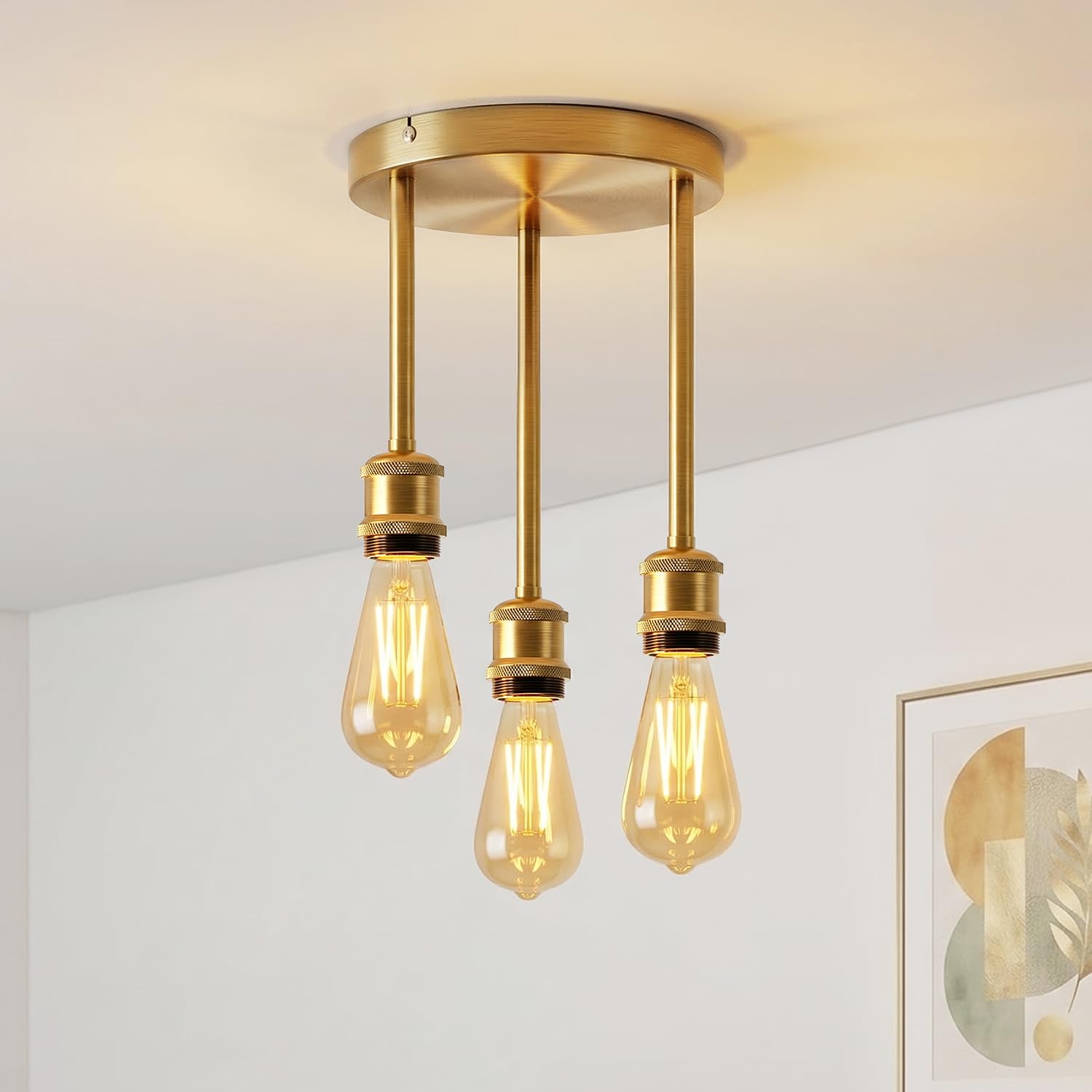 ANWIO Retro Industrial Pendant Light,3 Ceiling Lights Fitting with E27 Base, Hanging Ceiling Lights,Hallway Lights for Kitchen Island Dining Table Bedroom Living Room,Gold (No Bulbs)