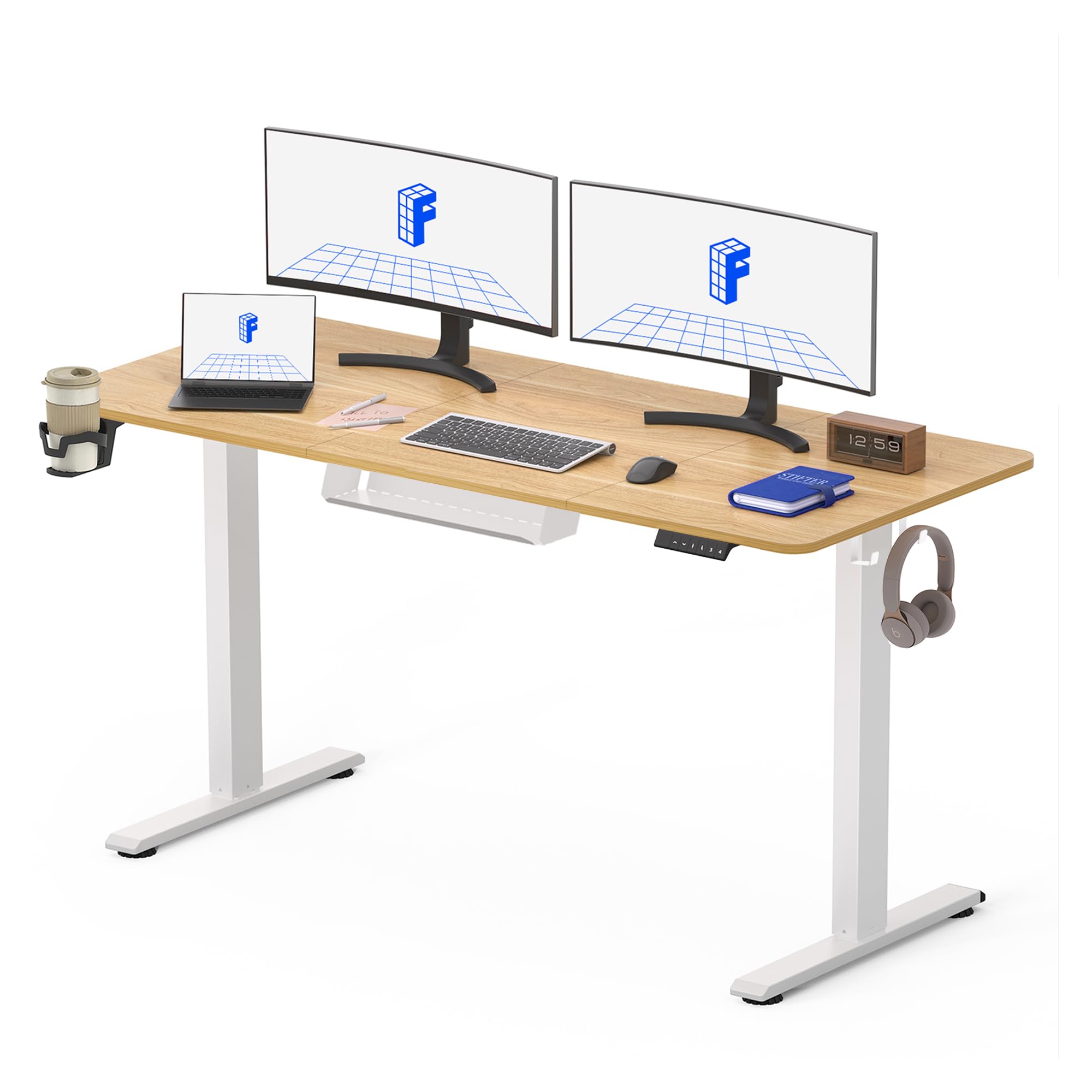 FLEXISPOT 140 * 60cm Electric Standing Desk Adjustable Sit Stand Up Desk Computer Desk with Hook Memory Function for Office and Home (Maple+White) โ image 1