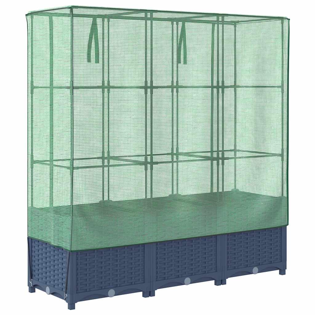 Bancal alto con accesorio para invernadero, aspecto de ratán, 120 x 40 x 138 cm, para jardín, terraza, balcón, jardinera, semillero, aspecto de ratán, color gris azulado