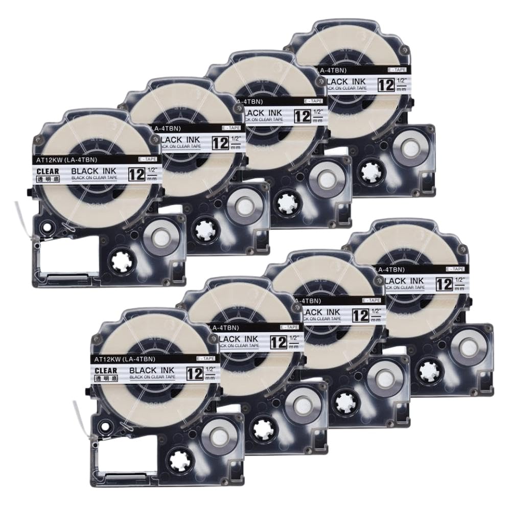 Cinta de Etiquetas 8PK 12mm SS12KW SS18KW SC12YW SC12RW Compatible con rotuladores LW-300 LW-400 500(Black on Clear)