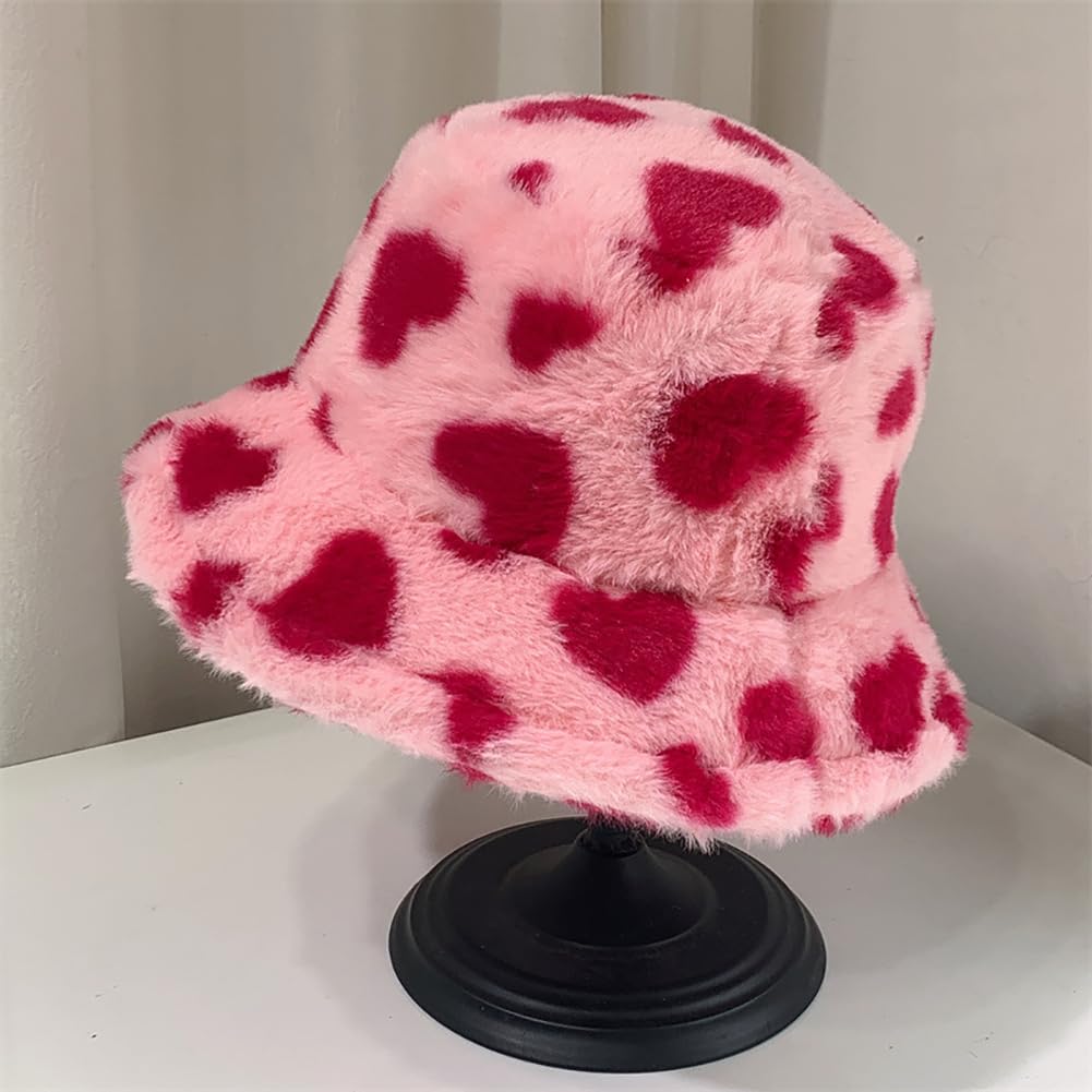 Faux fur Hearts Plush Bucket Hat | RAVE FESTIVALS Fall Winter Cozy Hats Hot Red Faux Fur Bucket Hat: Fluffy Plush Winter Hat - Etsy main image 4
