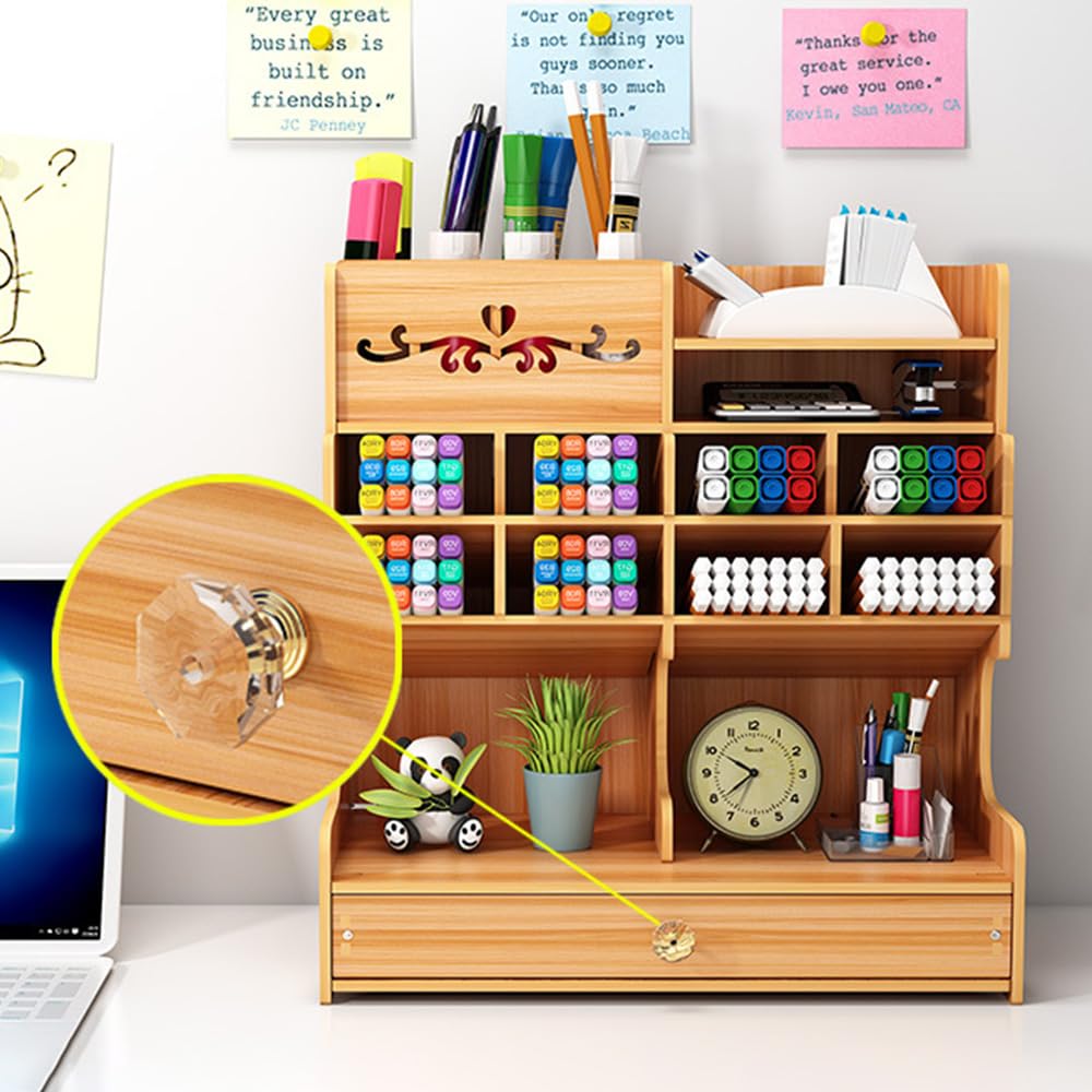 Organizer da scrivania in legno con cassetto, porta cancelleria multifunzione, grande capacità, scatola portaoggetti per forniture per ufficio, casa, scrivania scolastica