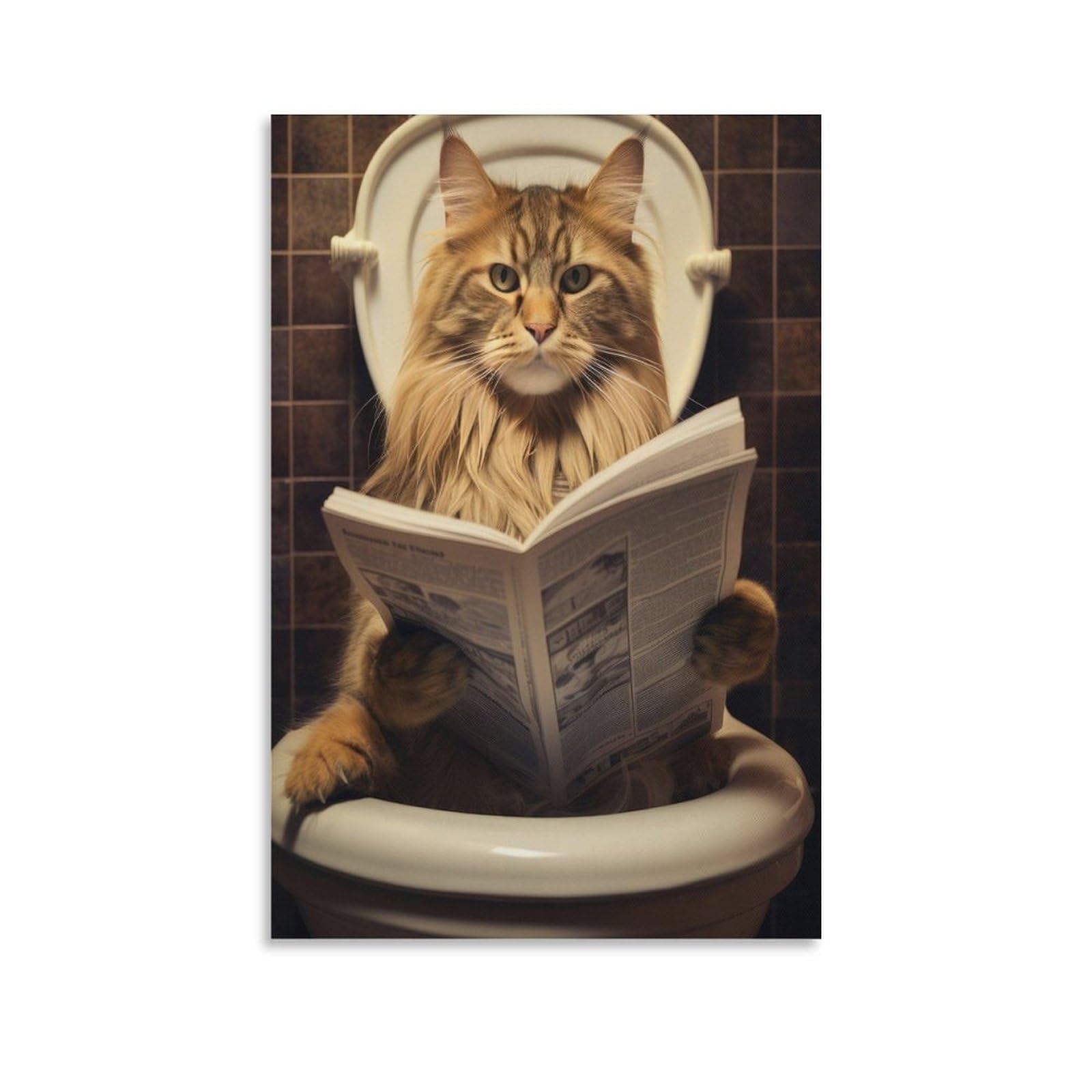 Qzfncoyu Unframe-Style Maine Coon Cat Sitting On Toilet And Reading Newspaper. Funny Bathroom Humor. Funny And Quirky. Retro Style Animal Art Poster Canvas Poster Bedroom Decor Landscape Office Room Decor Gift 24X36inch(60X