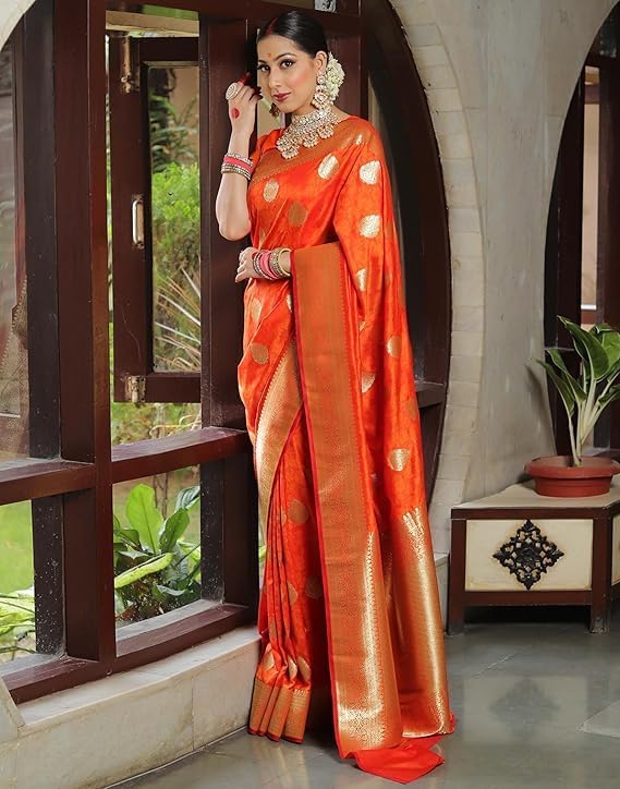 Women's Kanjivaram Silk Saree Jacquard Banarasi Sari With Blouse Piece For Wedding