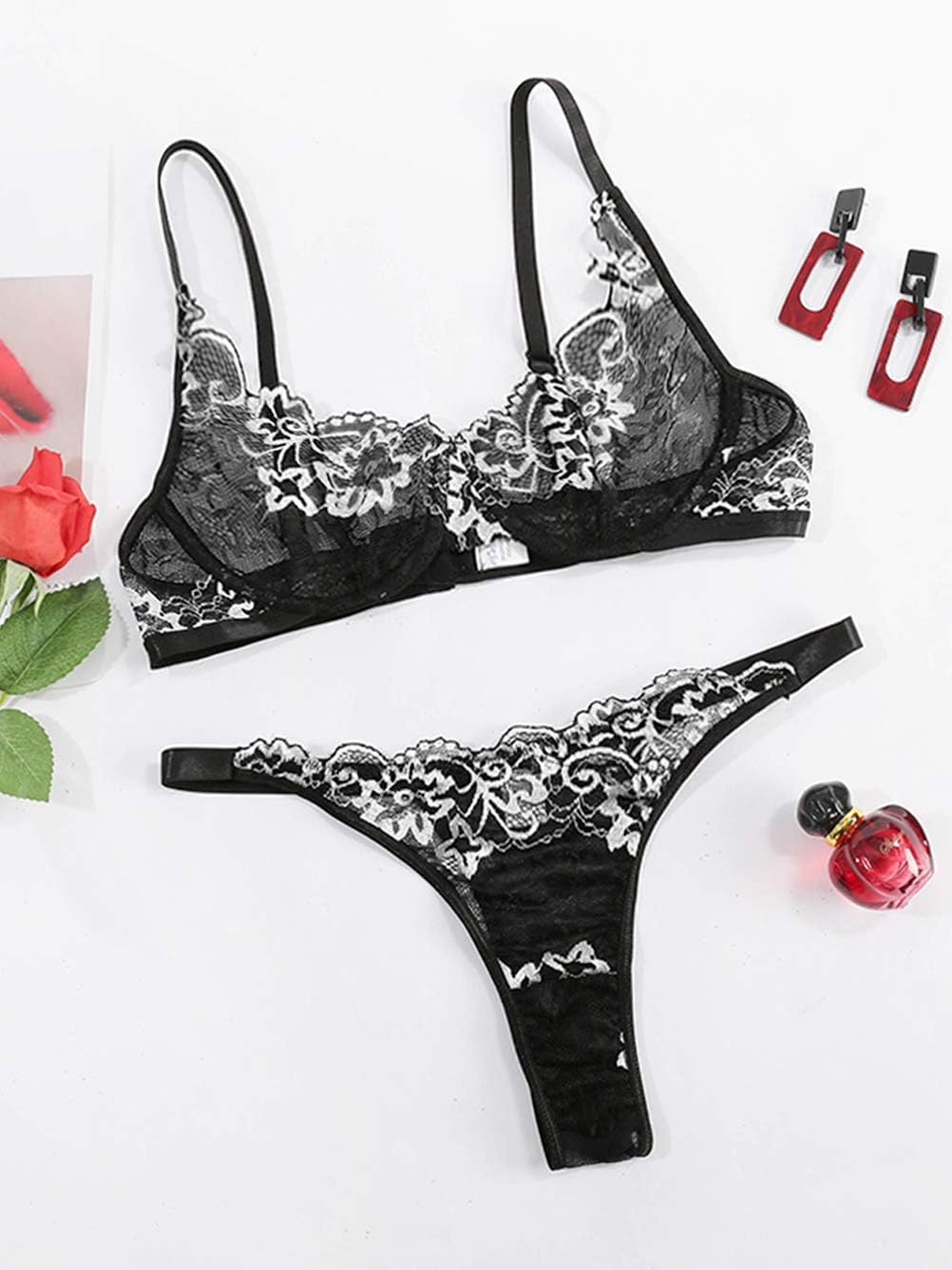 Kaei&Shi Sexy Bra And Panty Sets,Embroidered Two Piece Underwire Lingerie Set - Image 4