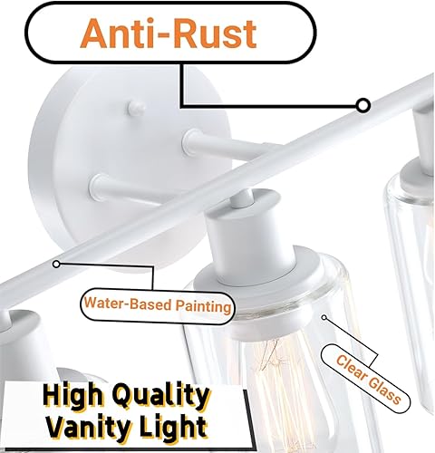 Miniatura 3 de WISBEAM Lámpara de pared de tocador de baño de 3 luces, accesorios blancos sobre espejo con pantalla de vidrio transparente que incluye base mediana